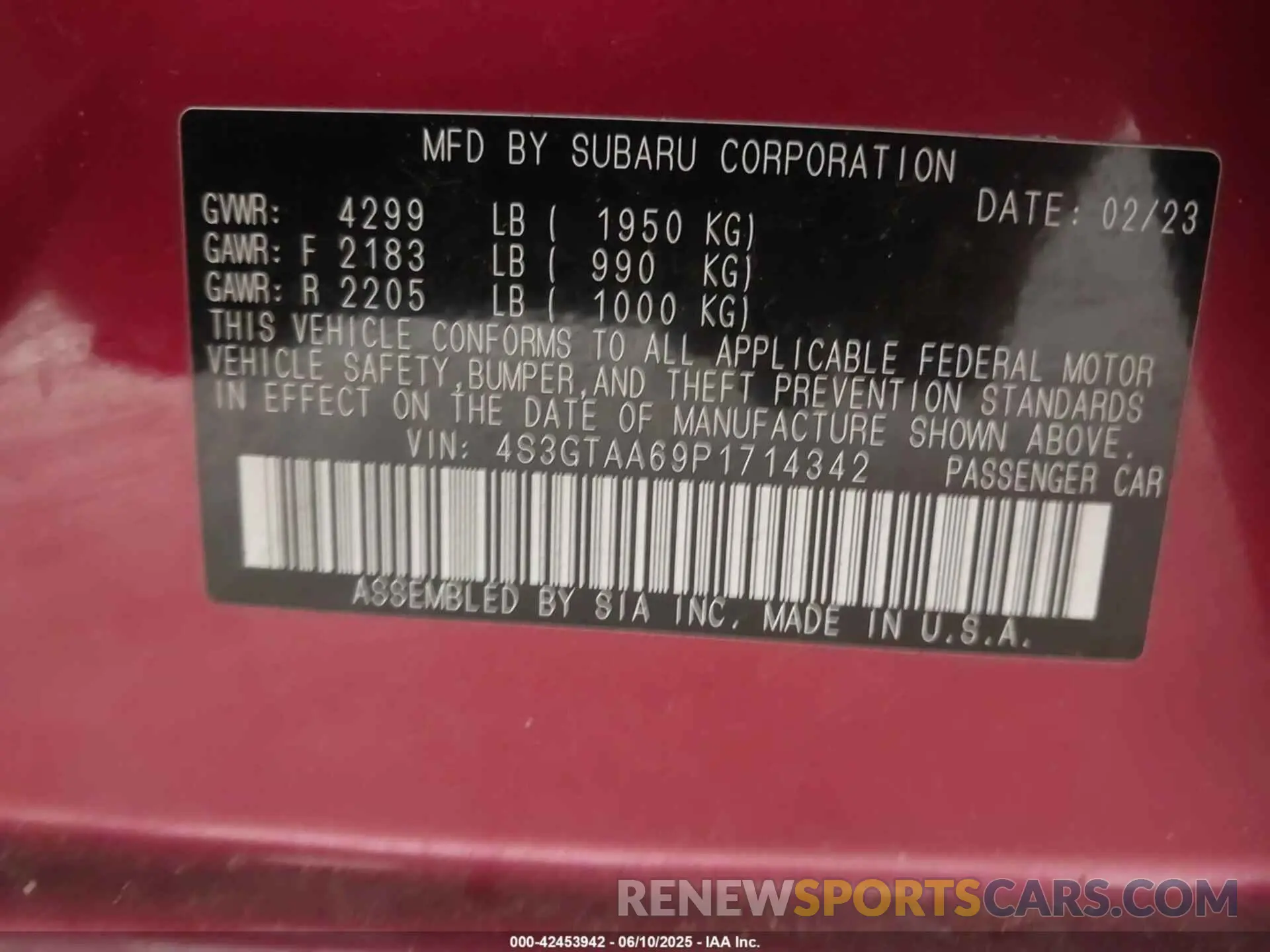 9 fotografías del automóvil dañado 4S3GTAA69P1714342 SUBARU IMPREZA 2023