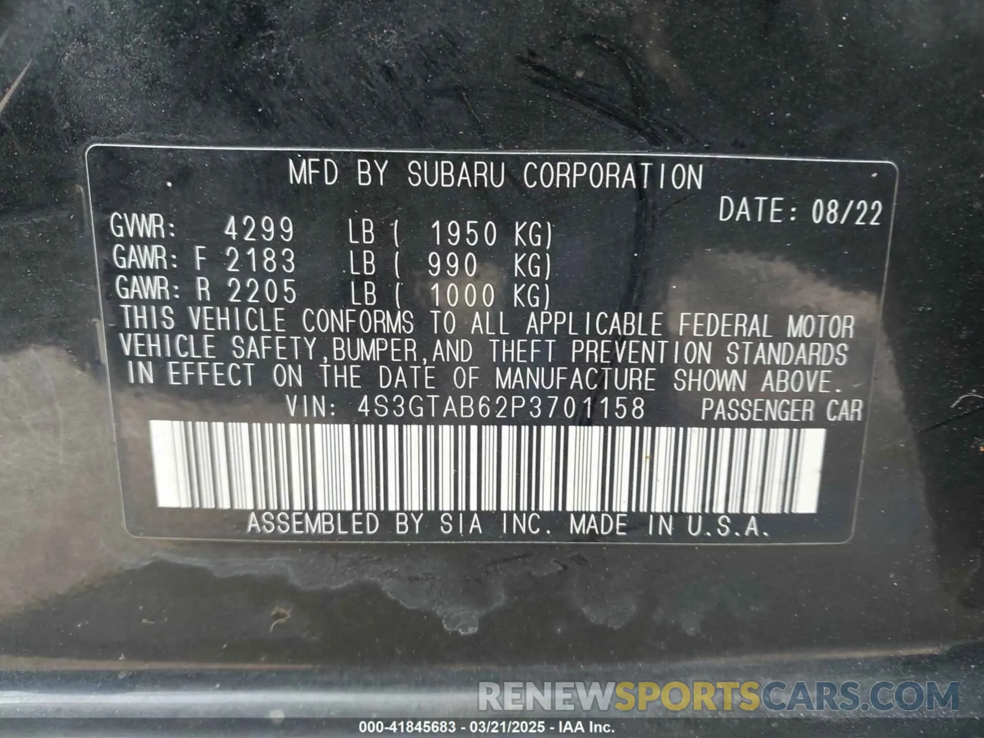 9 fotografías del automóvil dañado 4S3GTAB62P3701158 SUBARU IMPREZA 2023