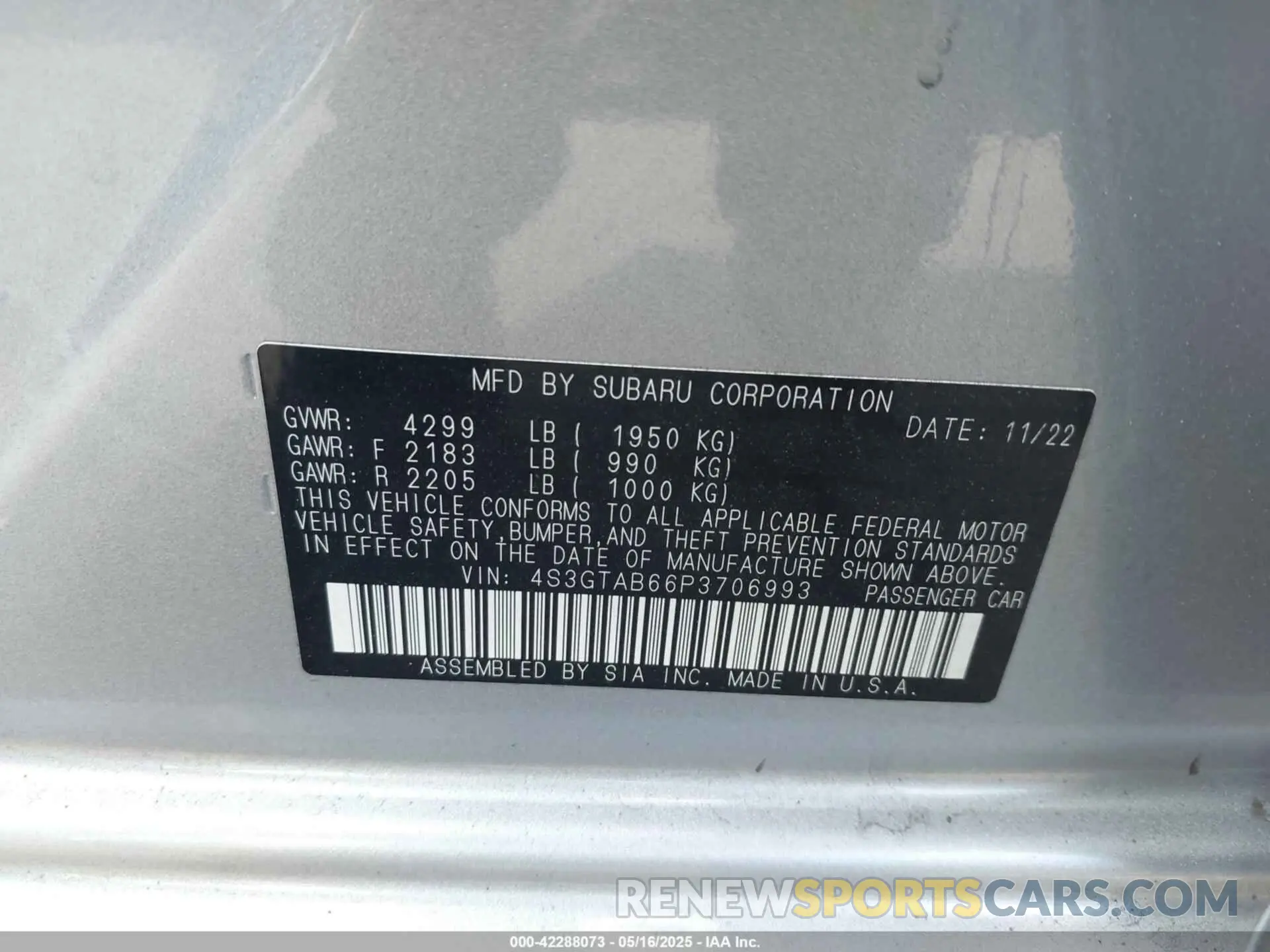 9 fotografías del automóvil dañado 4S3GTAB66P3706993 SUBARU IMPREZA 2023