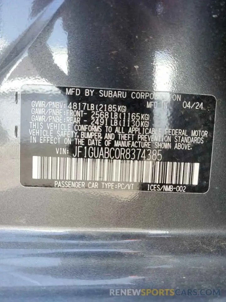 12 fotografías del automóvil dañado JF1GUABC0R8374385 SUBARU IMPREZA 2024