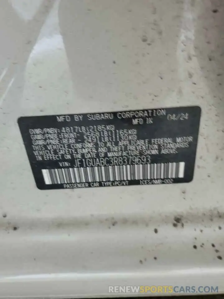 12 fotografías del automóvil dañado JF1GUABC3R8379693 SUBARU IMPREZA 2024