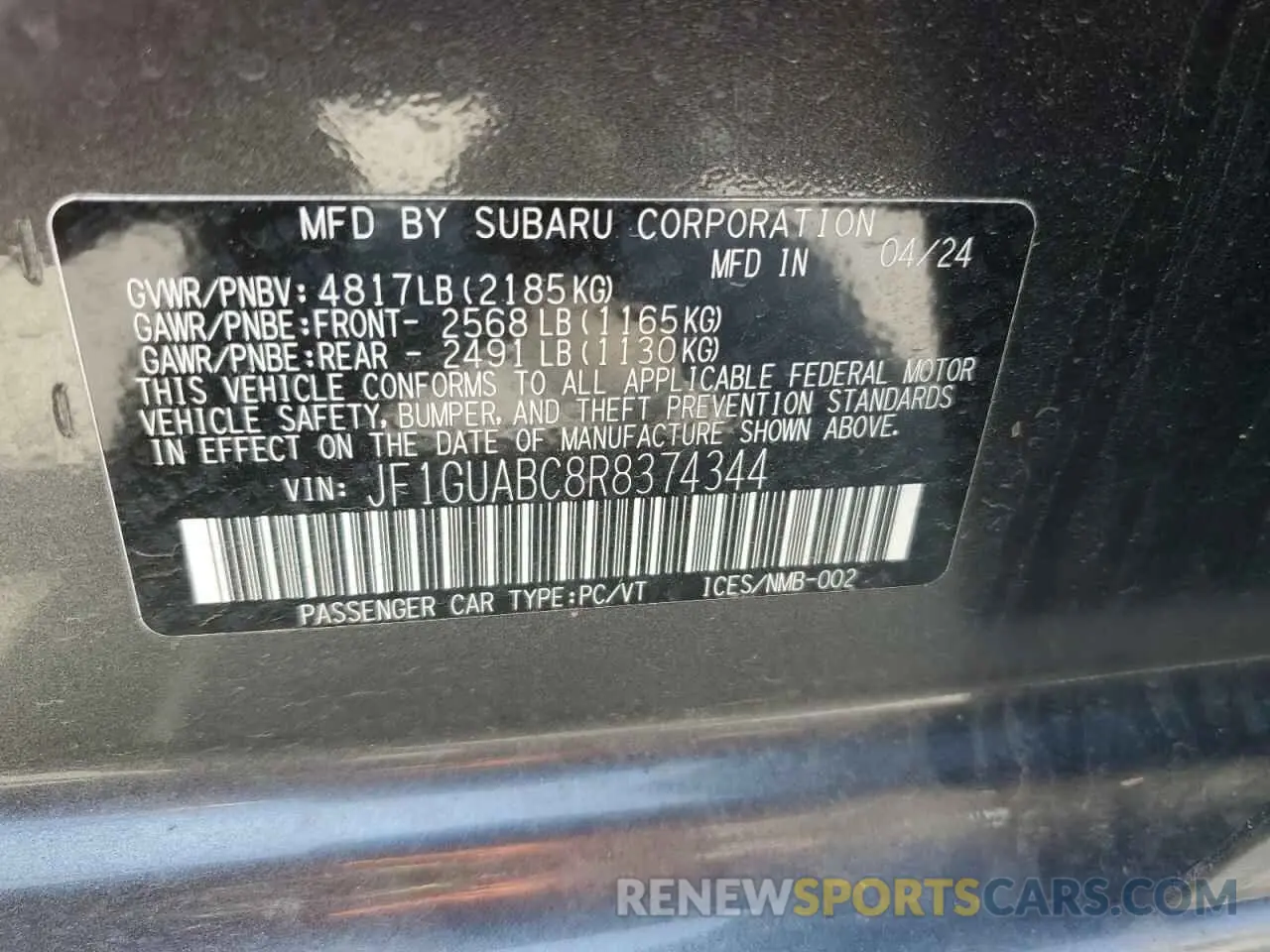12 fotografías del automóvil dañado JF1GUABC8R8374344 SUBARU IMPREZA 2024