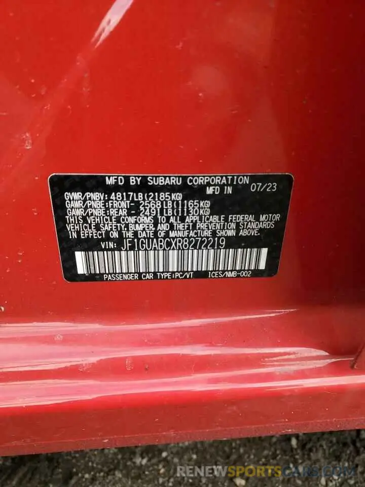 12 fotografías del automóvil dañado JF1GUABCXR8272219 SUBARU IMPREZA 2024