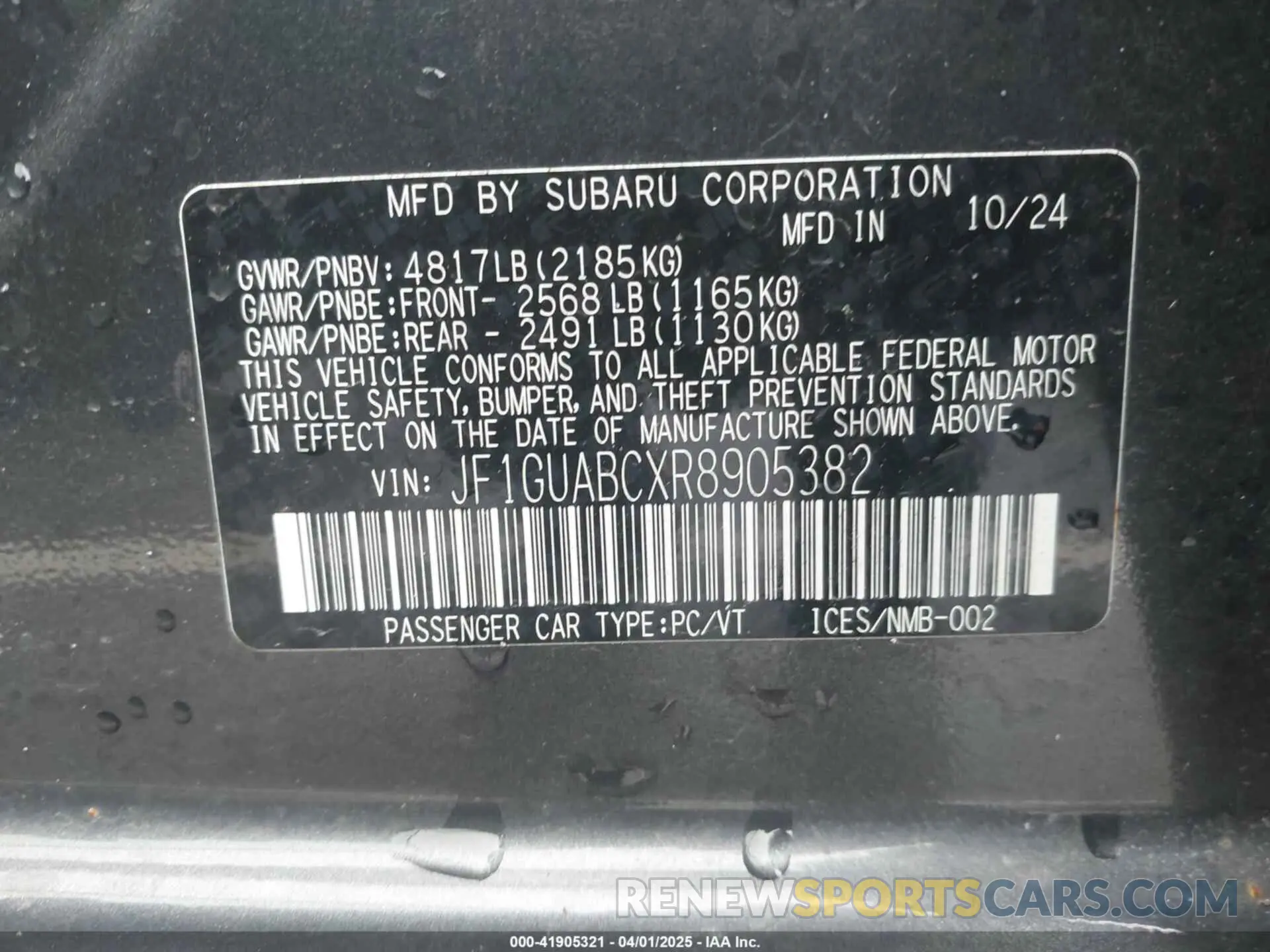 9 fotografías del automóvil dañado JF1GUABCXR8905382 SUBARU IMPREZA 2024