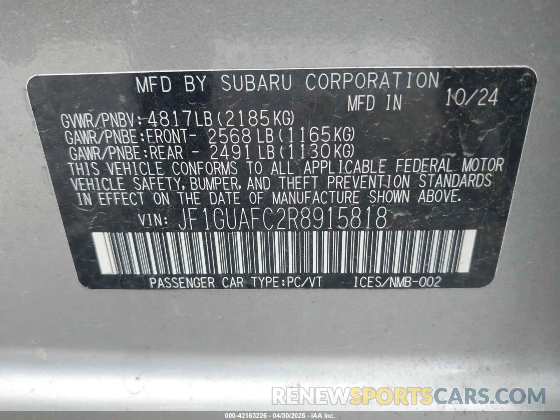9 fotografías del automóvil dañado JF1GUAFC2R8915818 SUBARU IMPREZA 2024