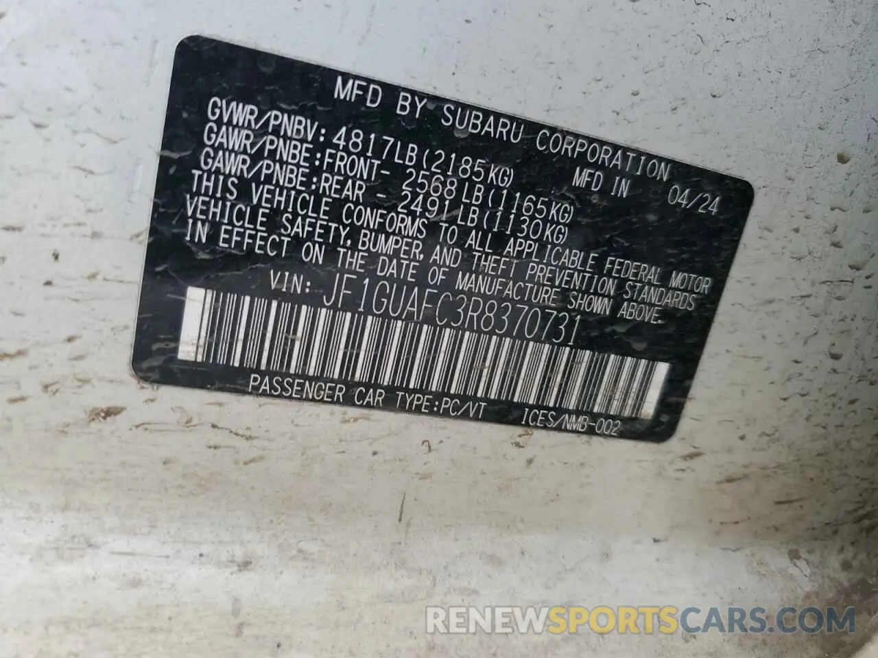 12 fotografías del automóvil dañado JF1GUAFC3R8370731 SUBARU IMPREZA 2024