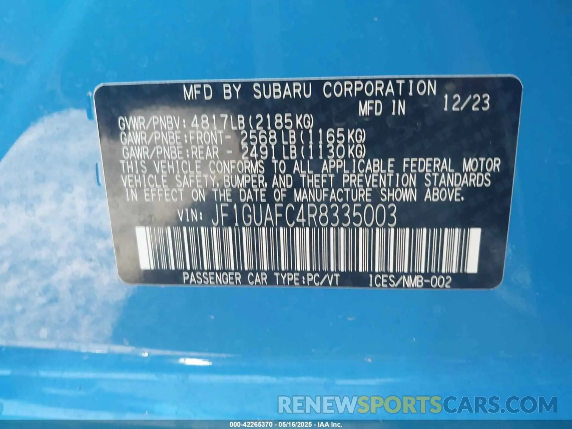9 fotografías del automóvil dañado JF1GUAFC4R8335003 SUBARU IMPREZA 2024