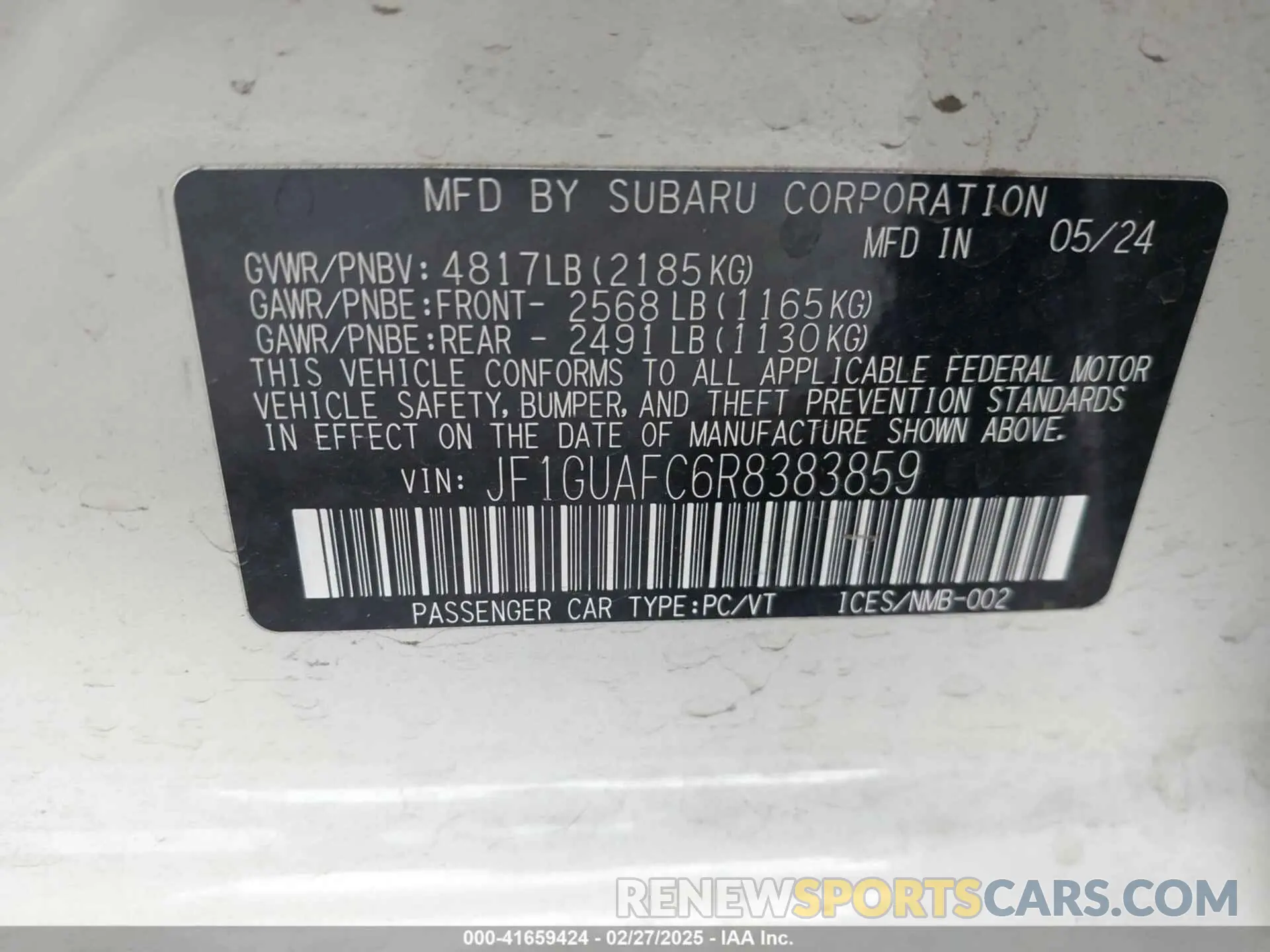9 fotografías del automóvil dañado JF1GUAFC6R8383859 SUBARU IMPREZA 2024