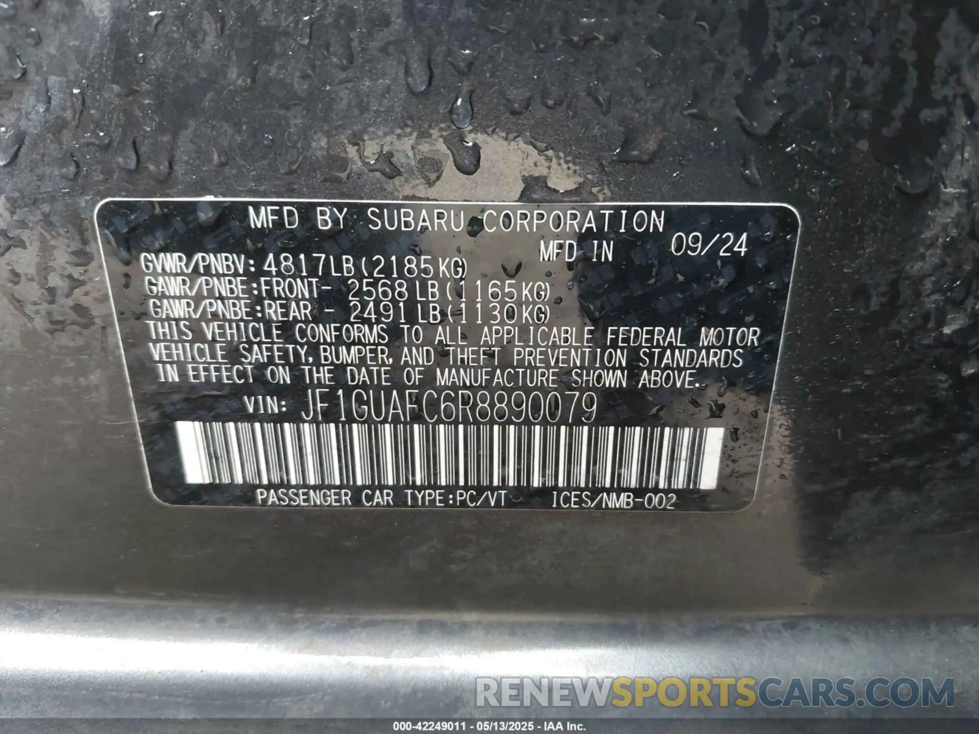 9 fotografías del automóvil dañado JF1GUAFC6R8890079 SUBARU IMPREZA 2024