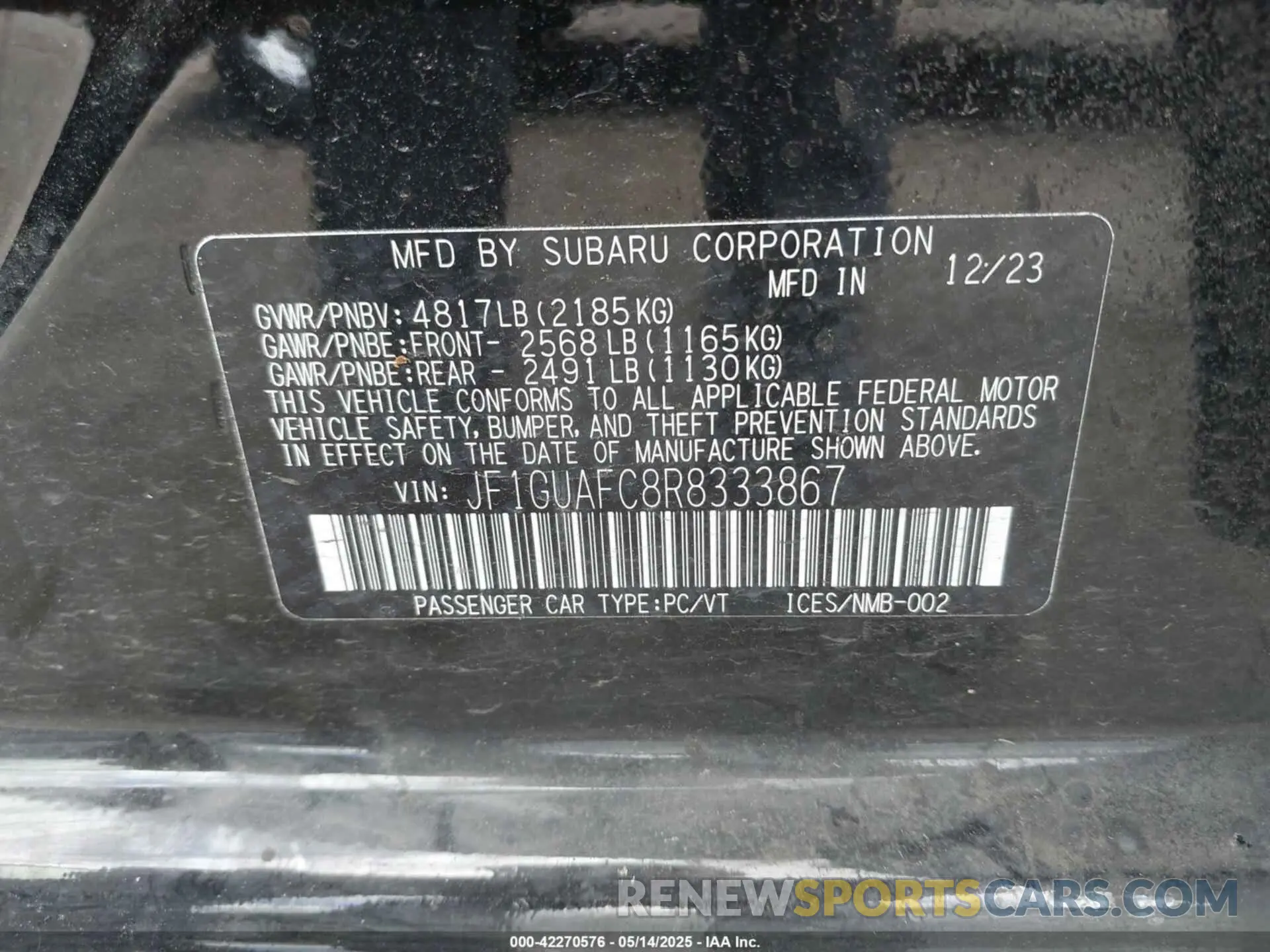 9 fotografías del automóvil dañado JF1GUAFC8R8333867 SUBARU IMPREZA 2024