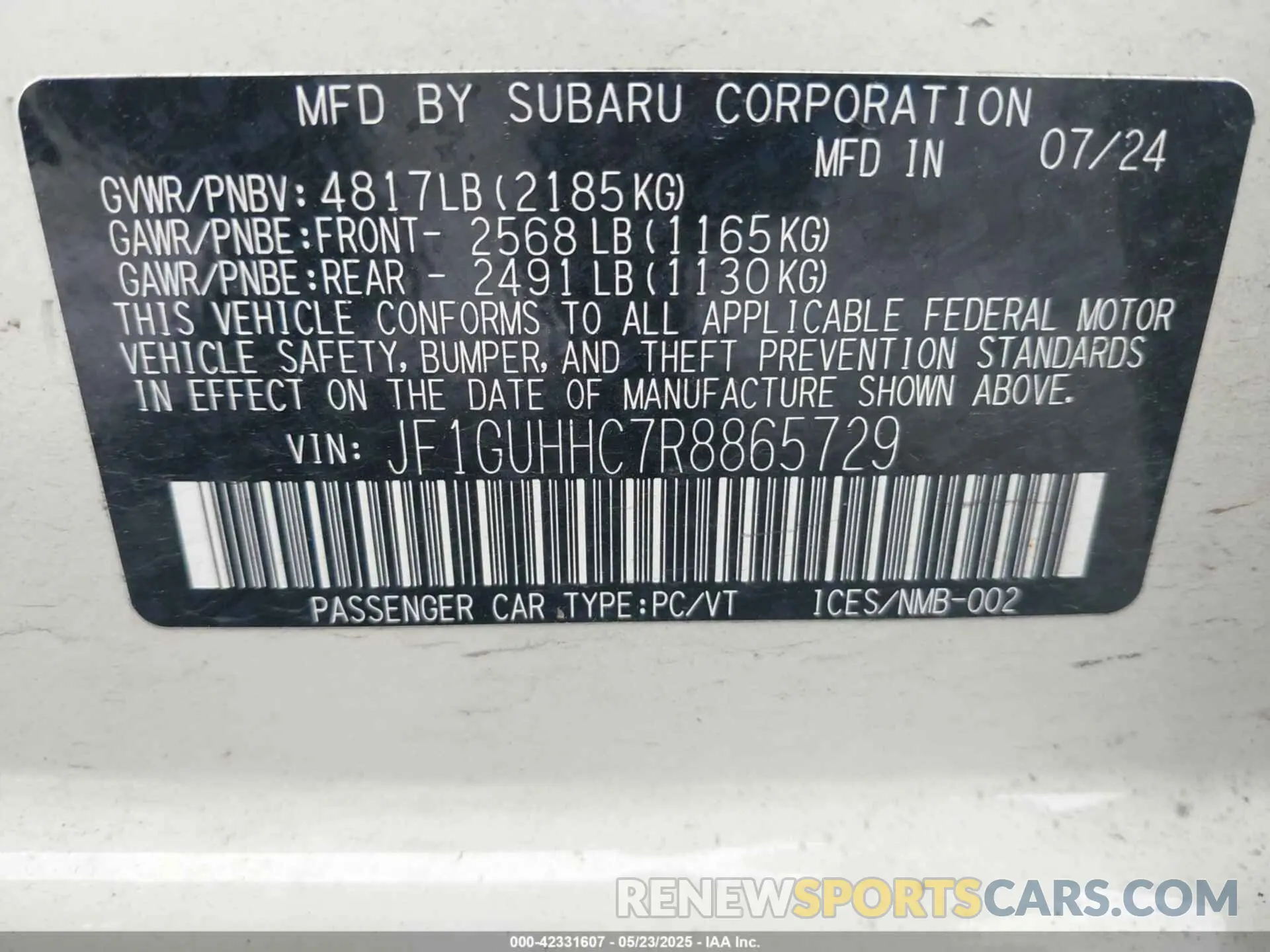 9 fotografías del automóvil dañado JF1GUHHC7R8865729 SUBARU IMPREZA 2024