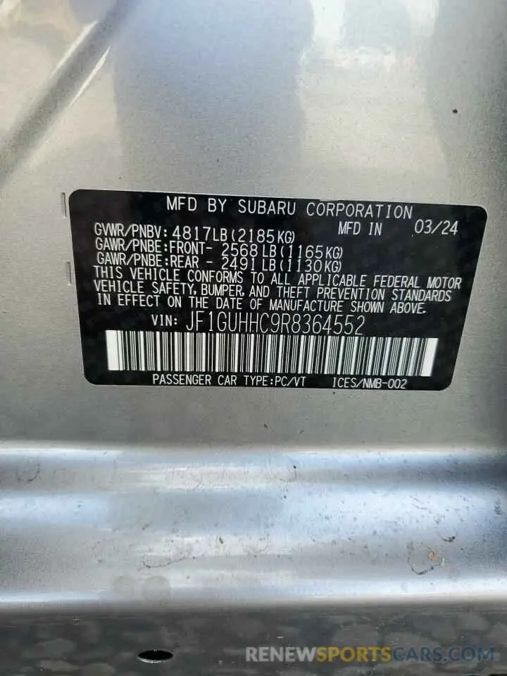 12 fotografías del automóvil dañado JF1GUHHC9R8364552 SUBARU IMPREZA 2024