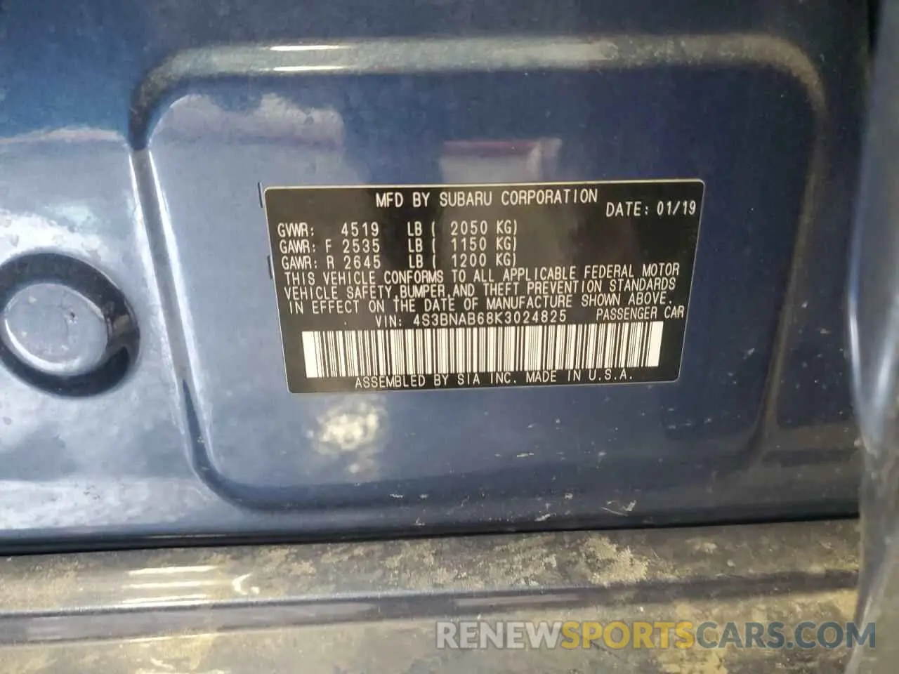 12 fotografías del automóvil dañado 4S3BNAB68K3024825 SUBARU LEGACY 2019