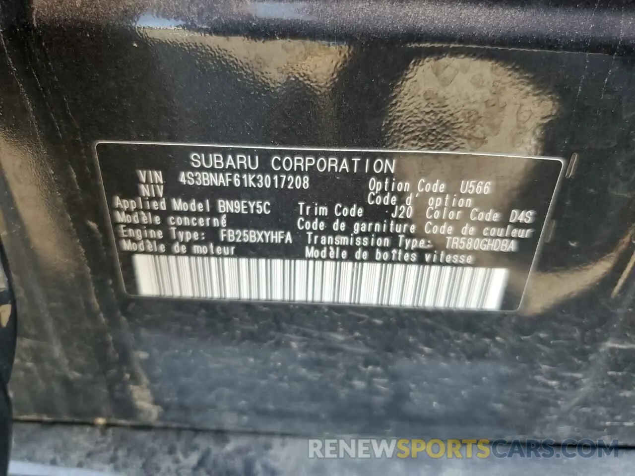 12 fotografías del automóvil dañado 4S3BNAF61K3017208 SUBARU LEGACY 2019
