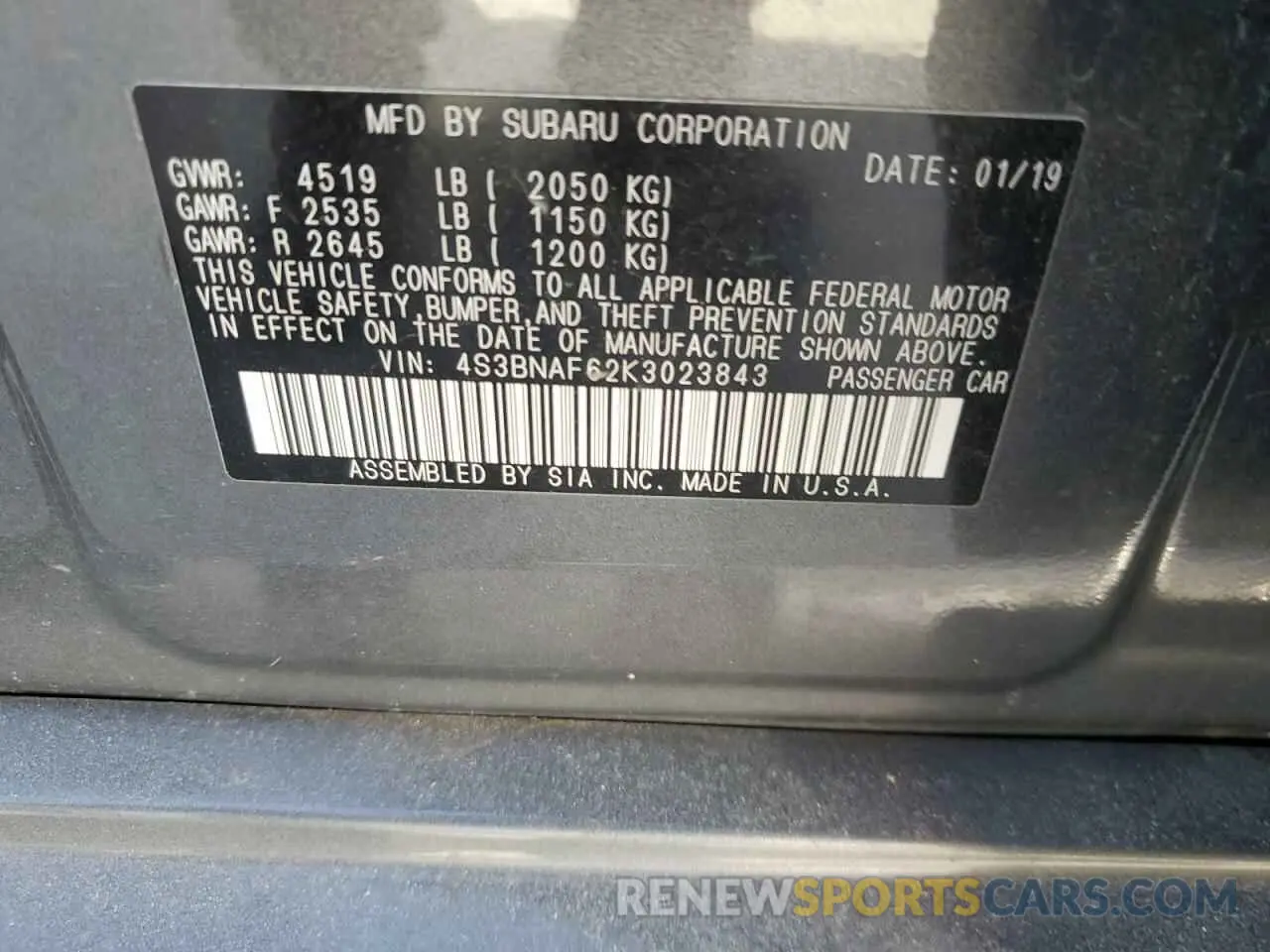 12 fotografías del automóvil dañado 4S3BNAF62K3023843 SUBARU LEGACY 2019