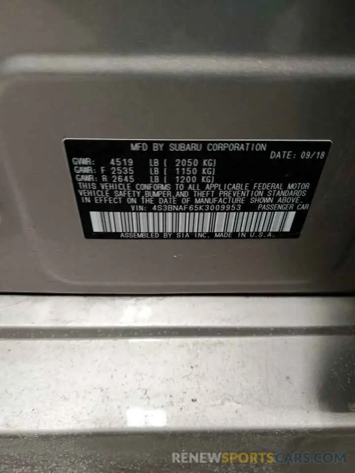 12 fotografías del automóvil dañado 4S3BNAF65K3009953 SUBARU LEGACY 2019