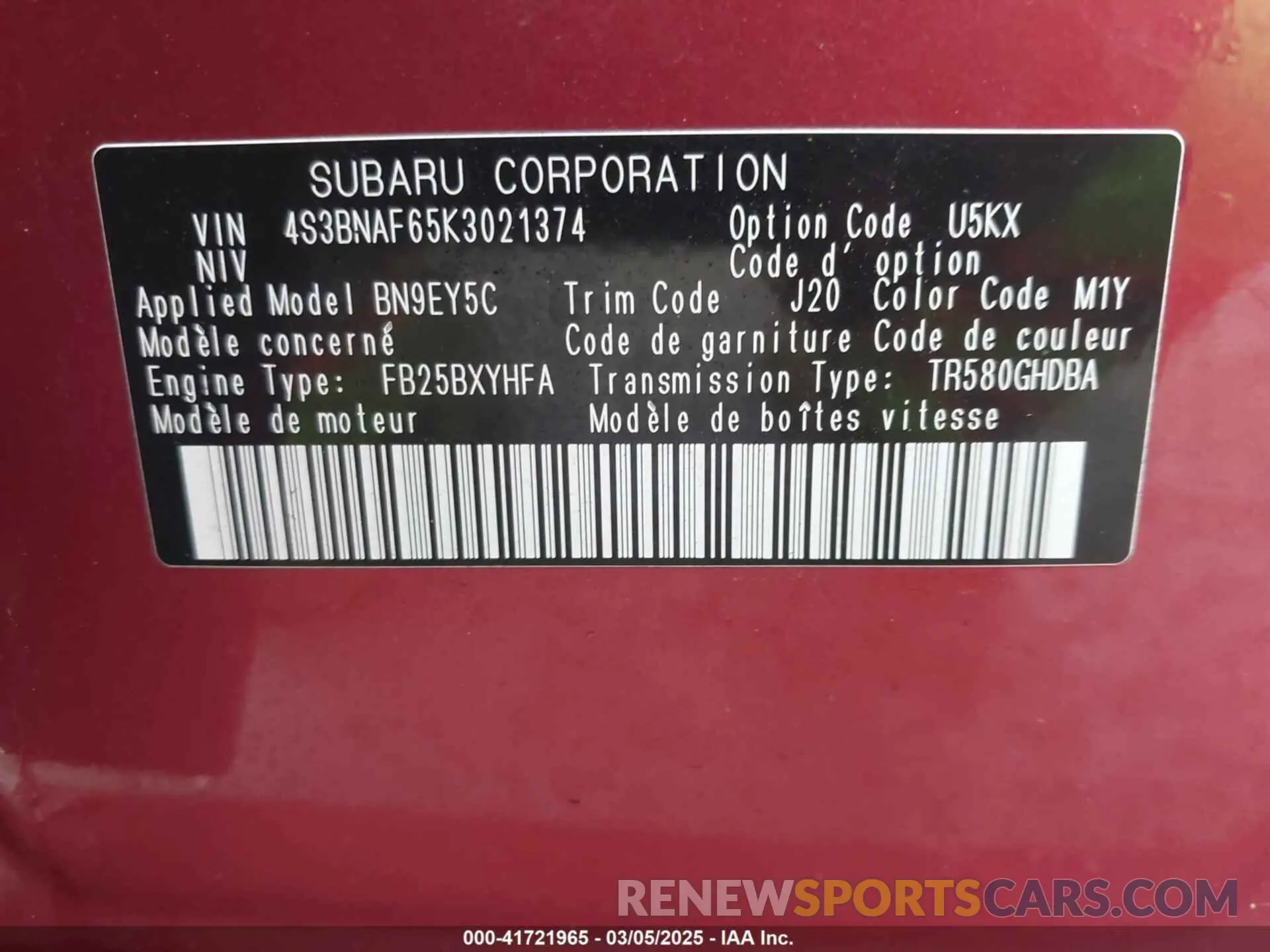 9 fotografías del automóvil dañado 4S3BNAF65K3021374 SUBARU LEGACY 2019