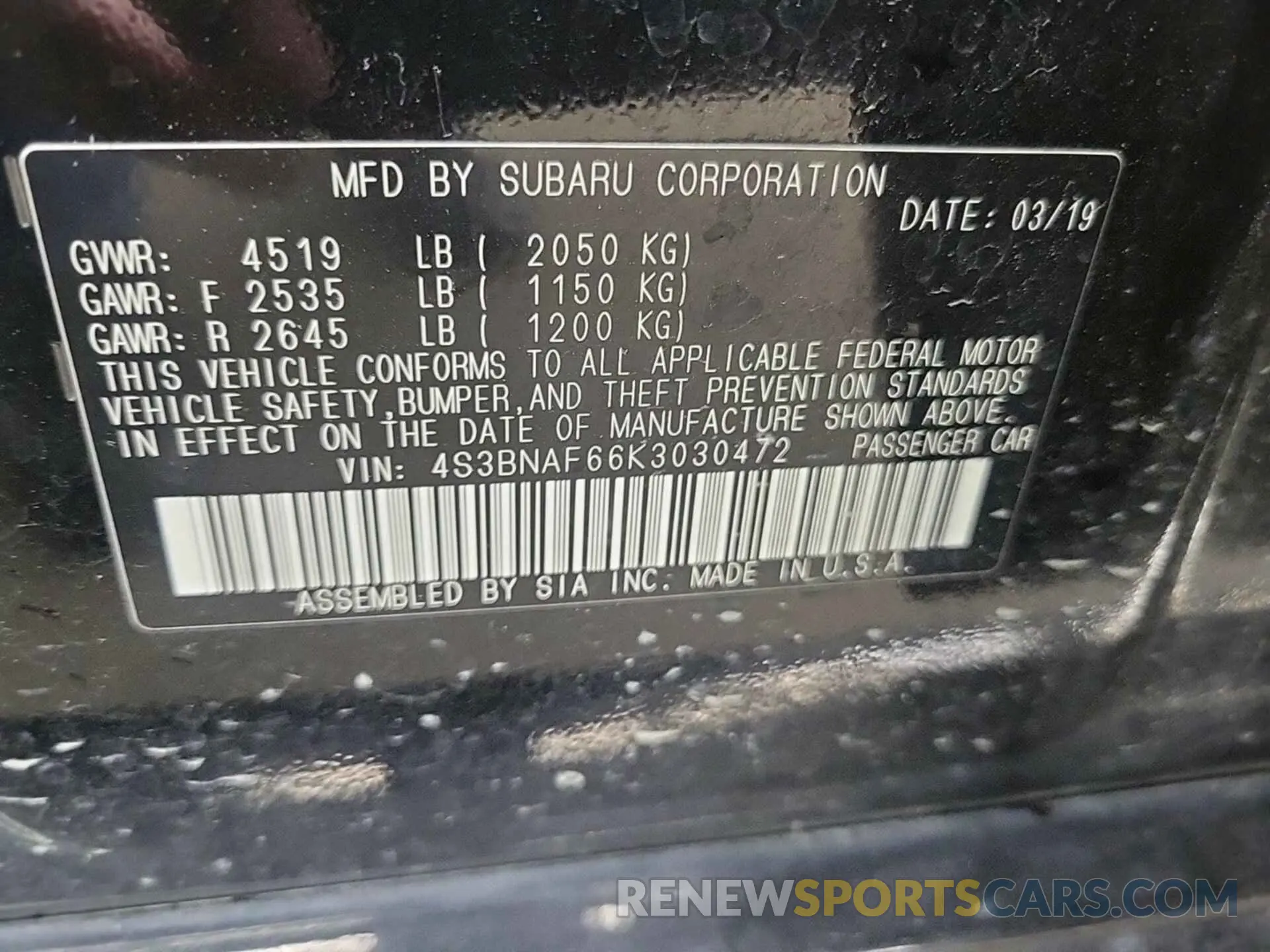 20 fotografías del automóvil dañado 4S3BNAF66K3030472 SUBARU LEGACY 2019