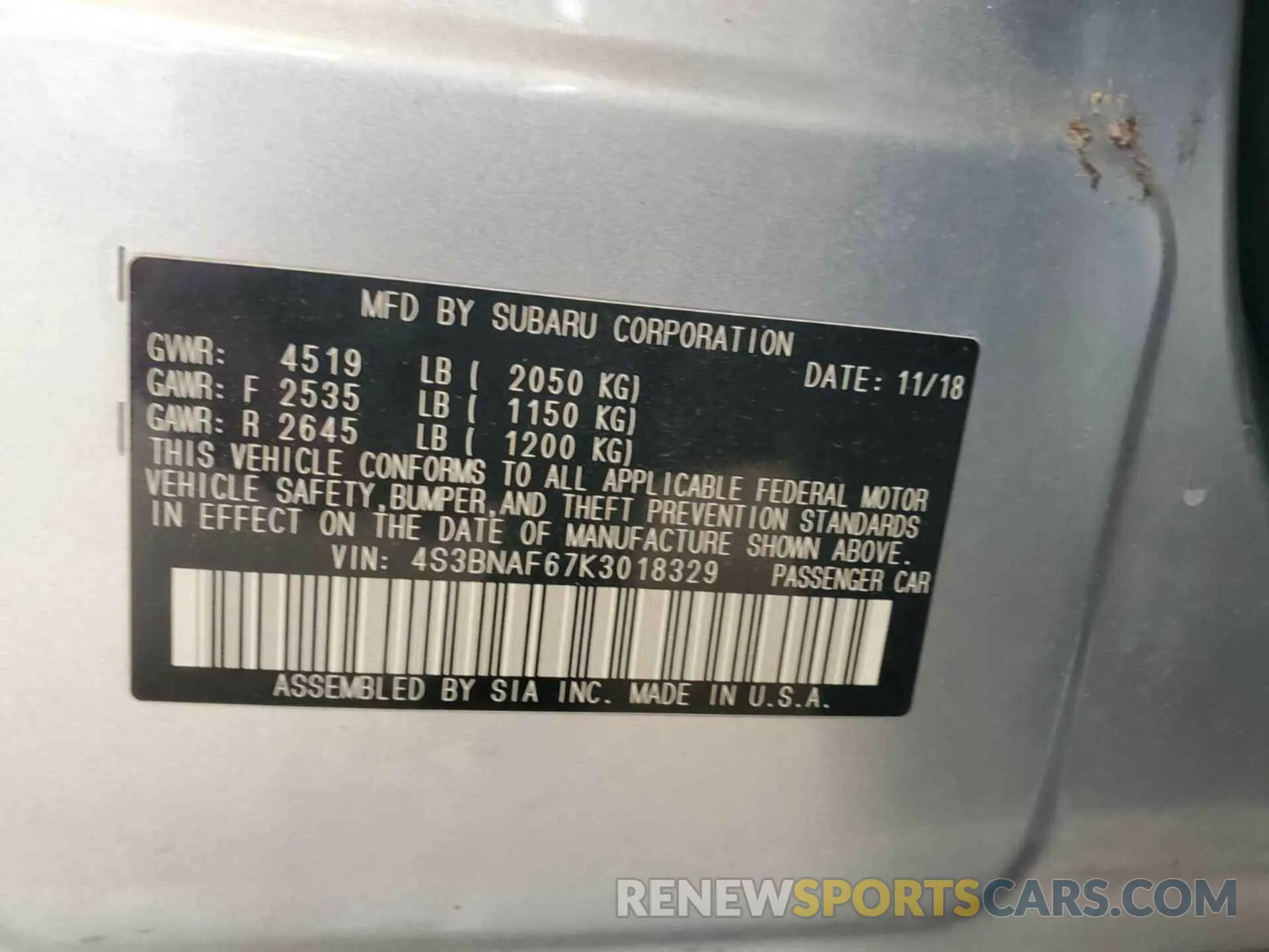 25 fotografías del automóvil dañado 4S3BNAF67K3018329 SUBARU LEGACY 2019