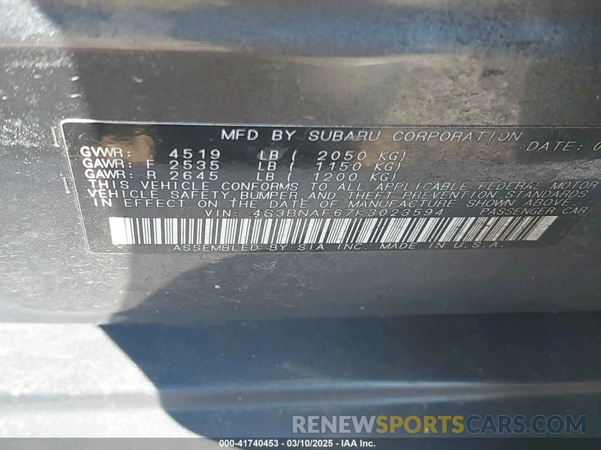 9 fotografías del automóvil dañado 4S3BNAF67K3023594 SUBARU LEGACY 2019