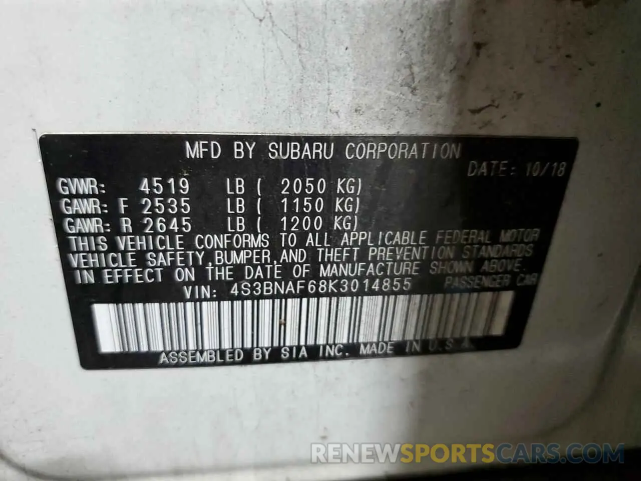 12 fotografías del automóvil dañado 4S3BNAF68K3014855 SUBARU LEGACY 2019