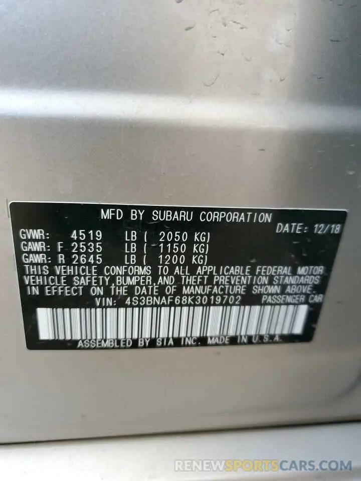12 fotografías del automóvil dañado 4S3BNAF68K3019702 SUBARU LEGACY 2019