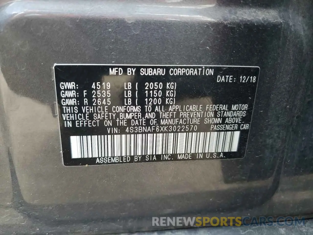 12 fotografías del automóvil dañado 4S3BNAF6XK3022570 SUBARU LEGACY 2019