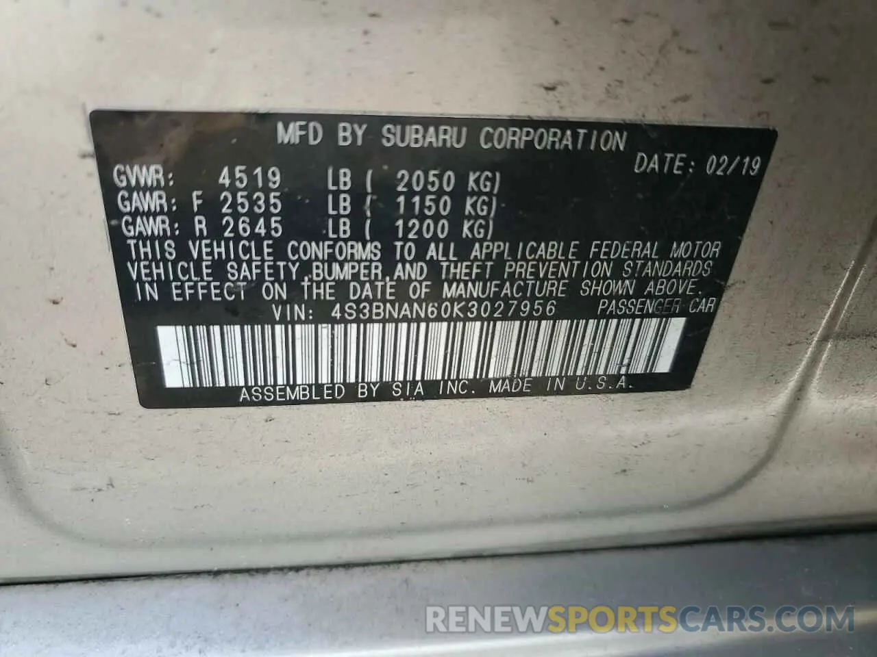 12 fotografías del automóvil dañado 4S3BNAN60K3027956 SUBARU LEGACY 2019