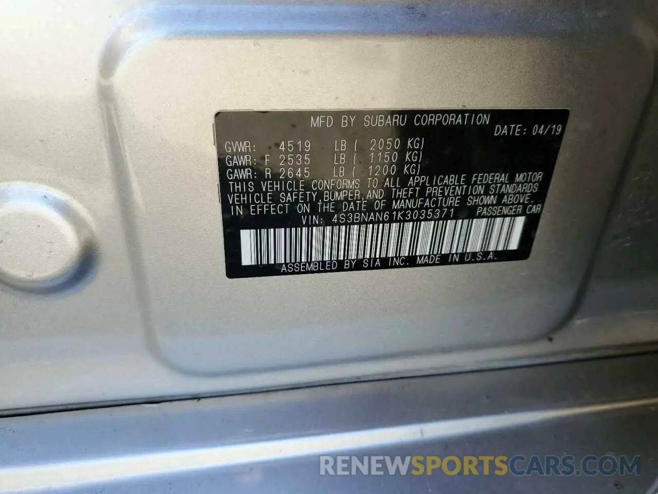 14 fotografías del automóvil dañado 4S3BNAN61K3035371 SUBARU LEGACY 2019