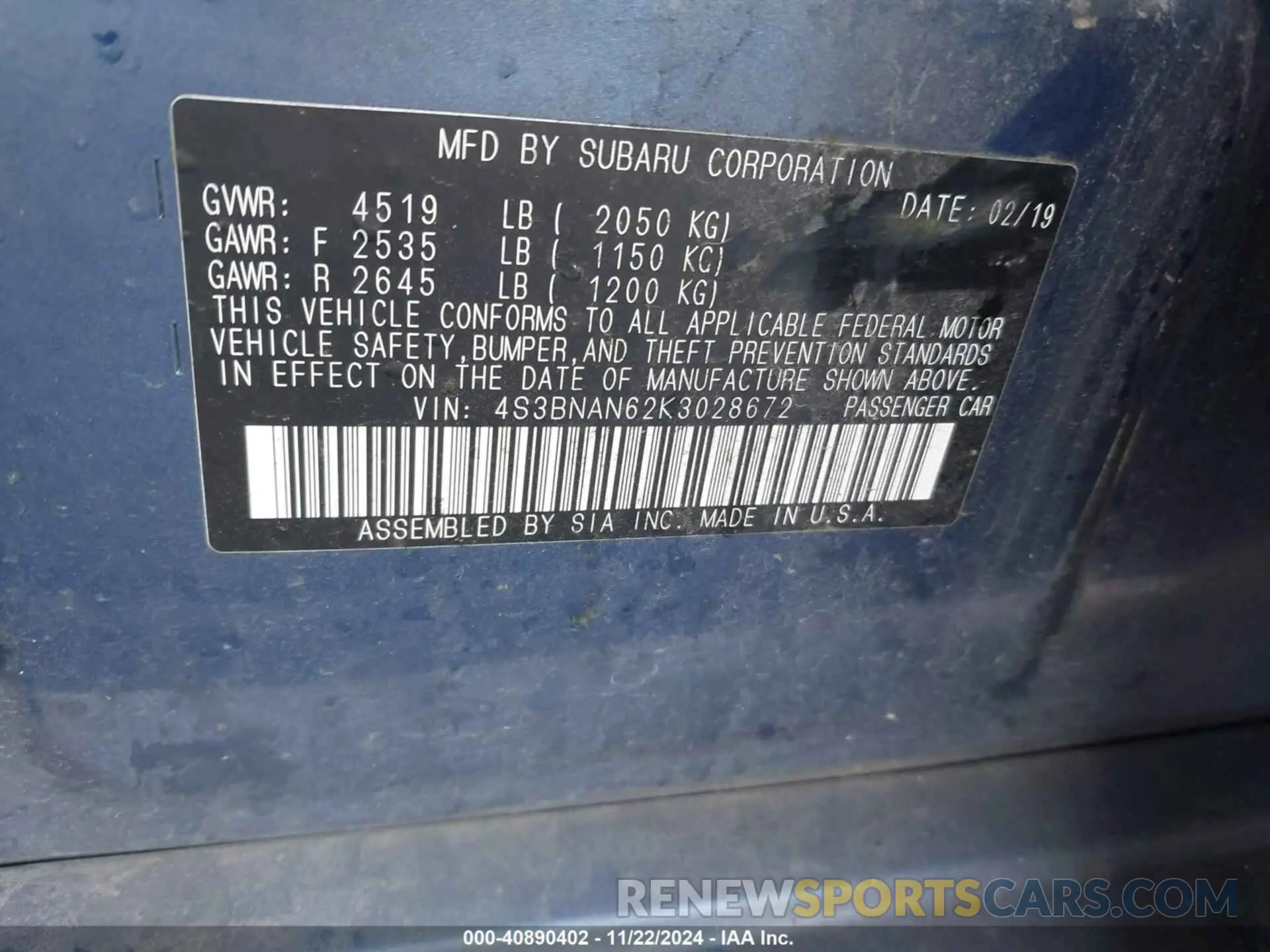 9 fotografías del automóvil dañado 4S3BNAN62K3028672 SUBARU LEGACY 2019