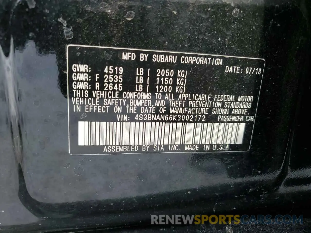 13 fotografías del automóvil dañado 4S3BNAN66K3002172 SUBARU LEGACY 2019
