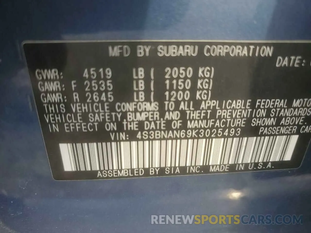 13 fotografías del automóvil dañado 4S3BNAN69K3025493 SUBARU LEGACY 2019
