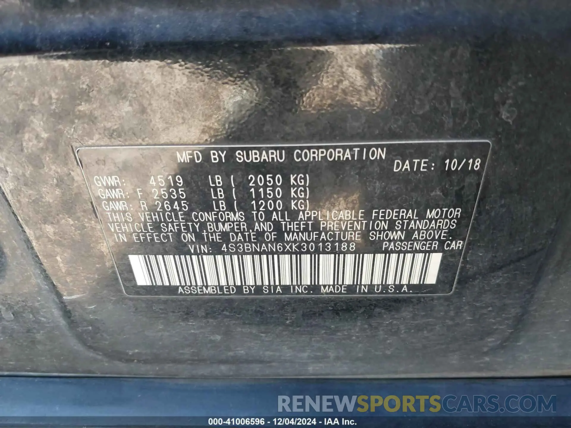 9 fotografías del automóvil dañado 4S3BNAN6XK3013188 SUBARU LEGACY 2019