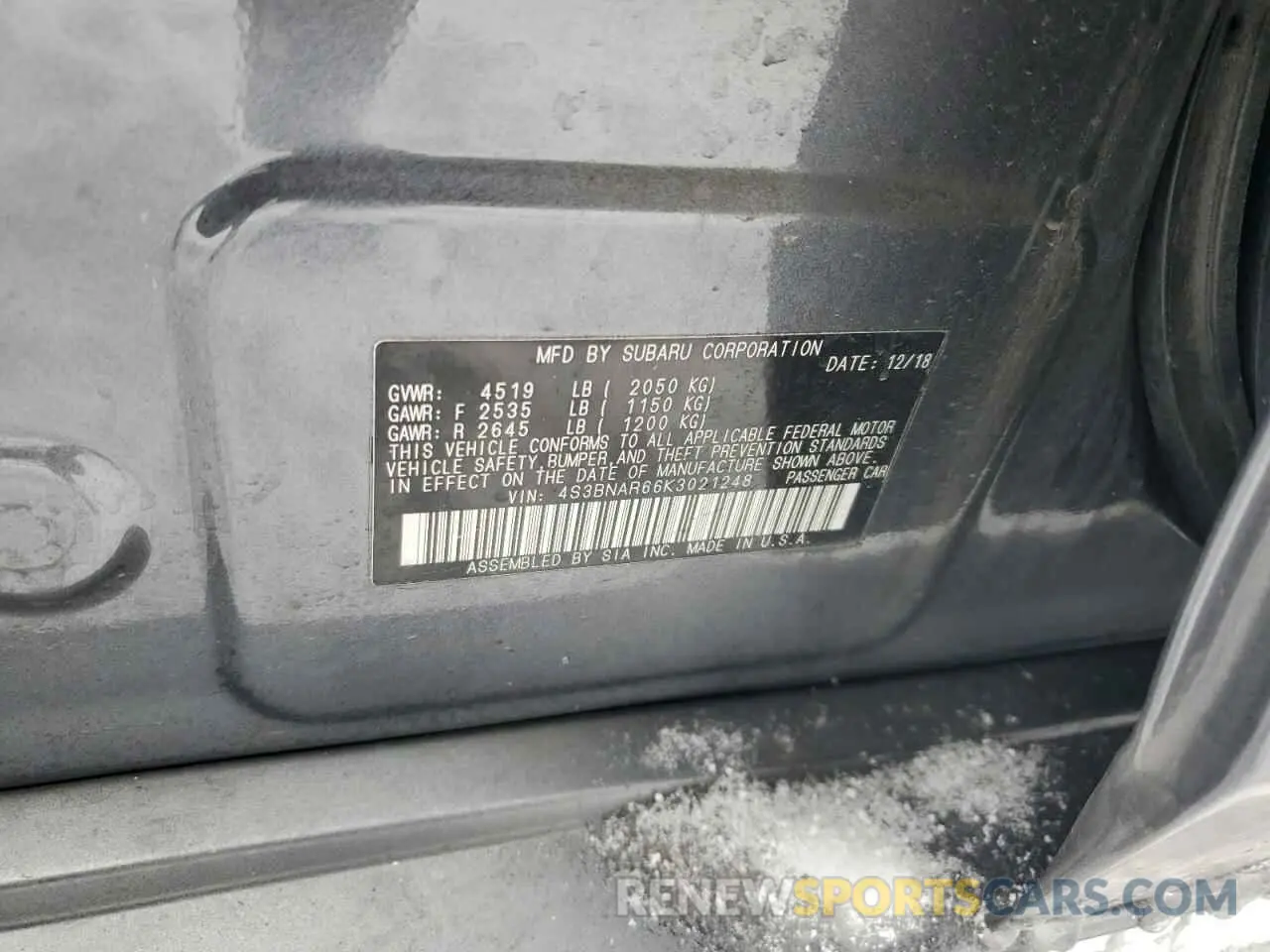 13 fotografías del automóvil dañado 4S3BNAR66K3021248 SUBARU LEGACY 2019