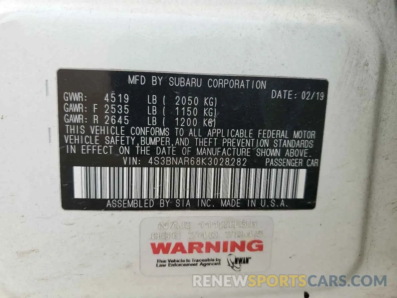 14 fotografías del automóvil dañado 4S3BNAR68K3028282 SUBARU LEGACY 2019