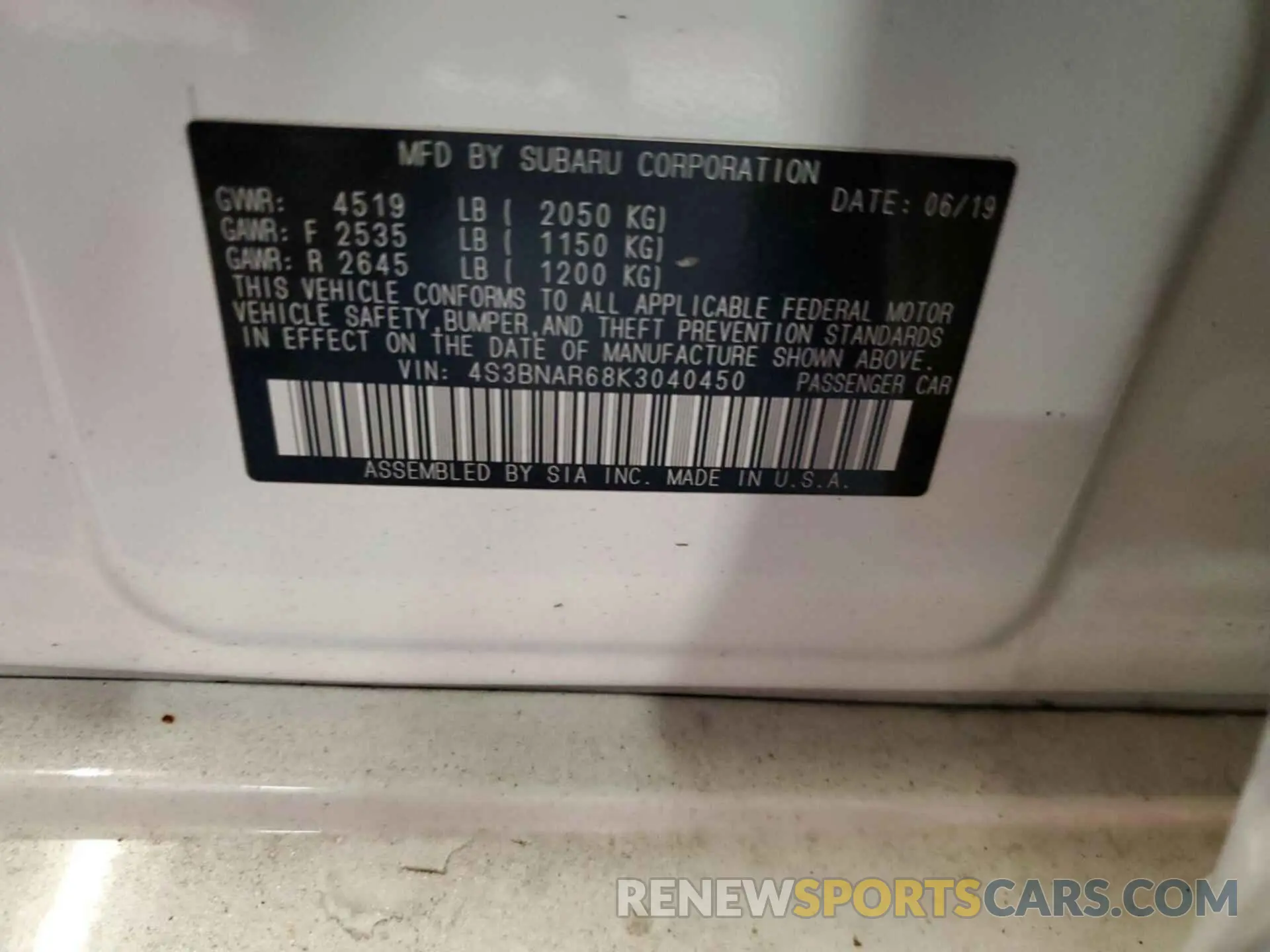 13 fotografías del automóvil dañado 4S3BNAR68K3040450 SUBARU LEGACY 2019