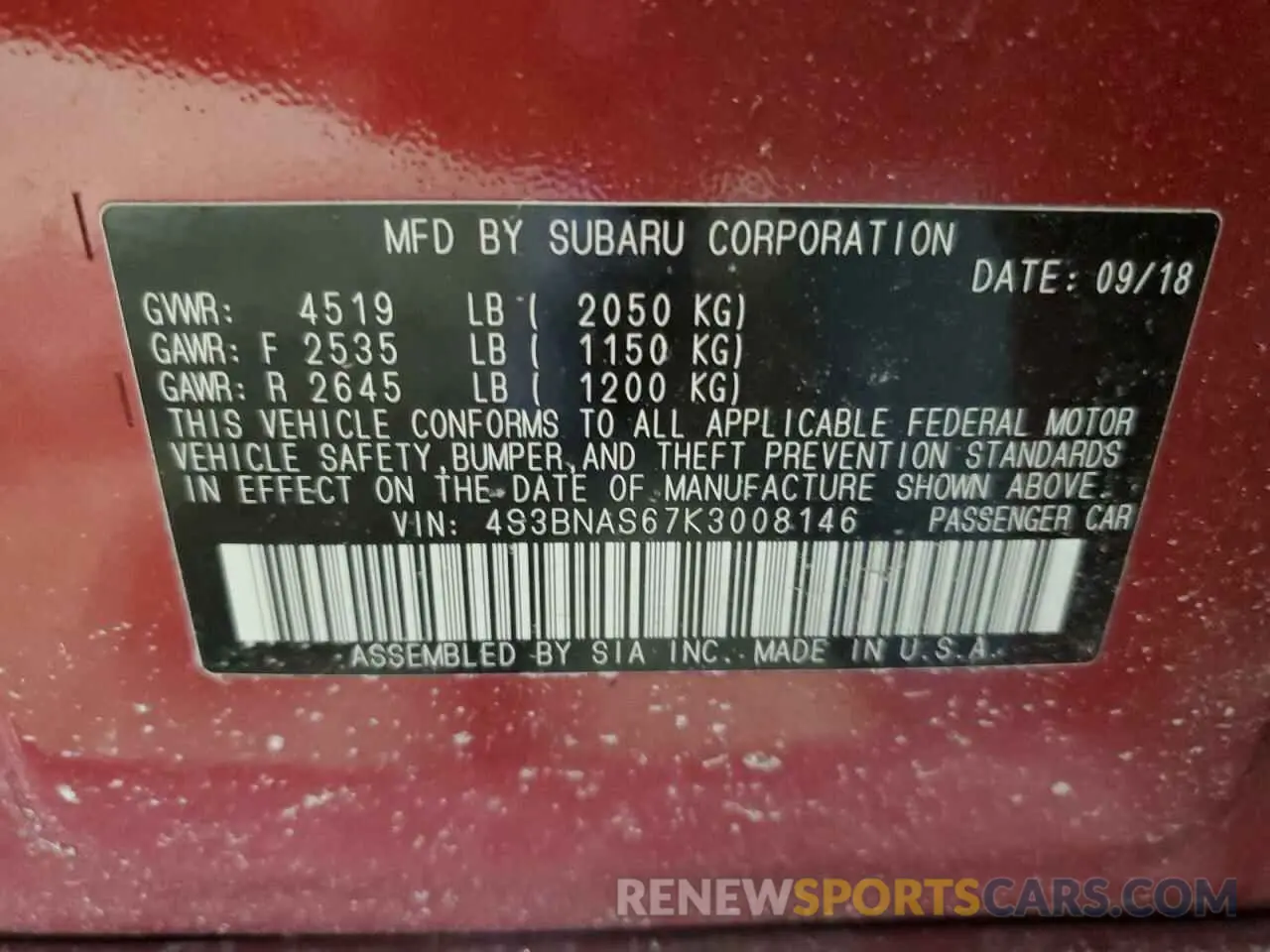 12 fotografías del automóvil dañado 4S3BNAS67K3008146 SUBARU LEGACY 2019
