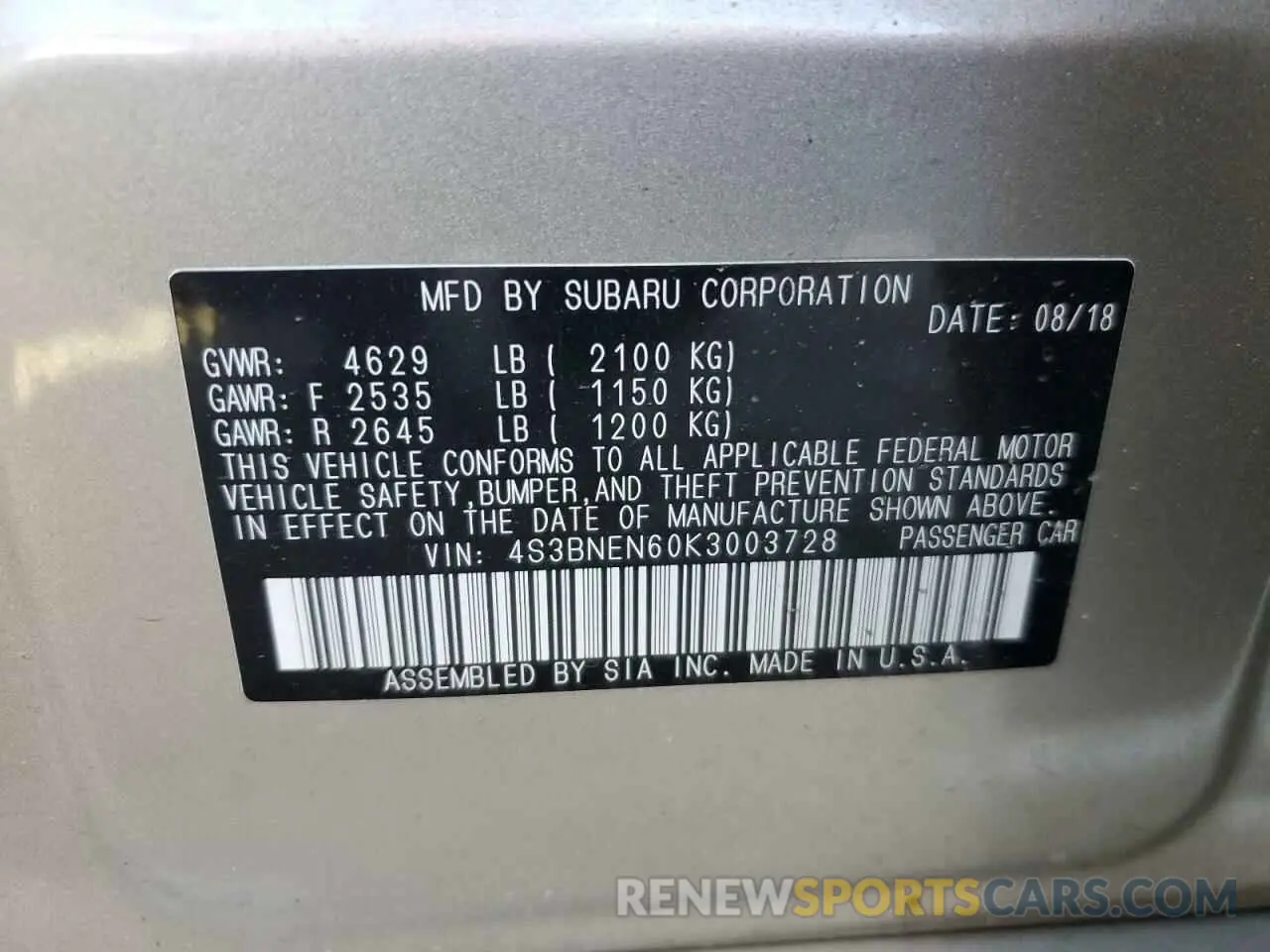 12 fotografías del automóvil dañado 4S3BNEN60K3003728 SUBARU LEGACY 2019