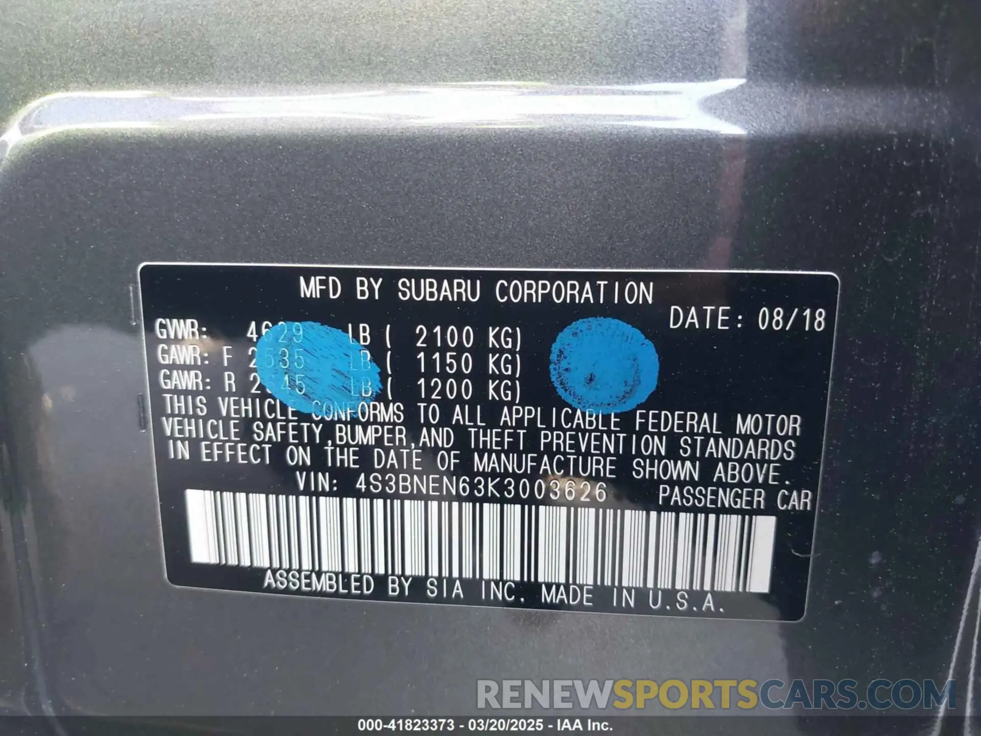 9 fotografías del automóvil dañado 4S3BNEN63K3003626 SUBARU LEGACY 2019