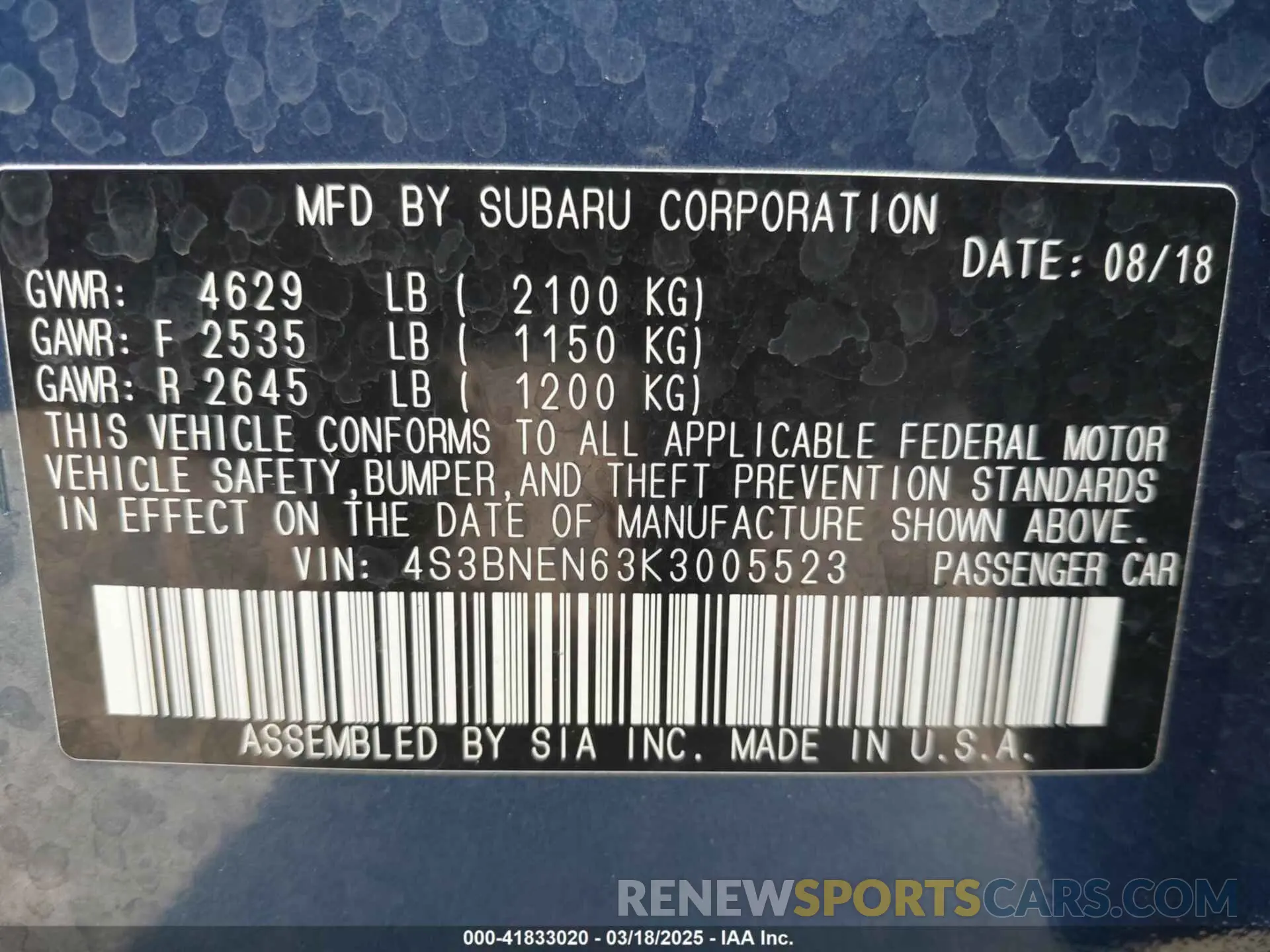 9 fotografías del automóvil dañado 4S3BNEN63K3005523 SUBARU LEGACY 2019
