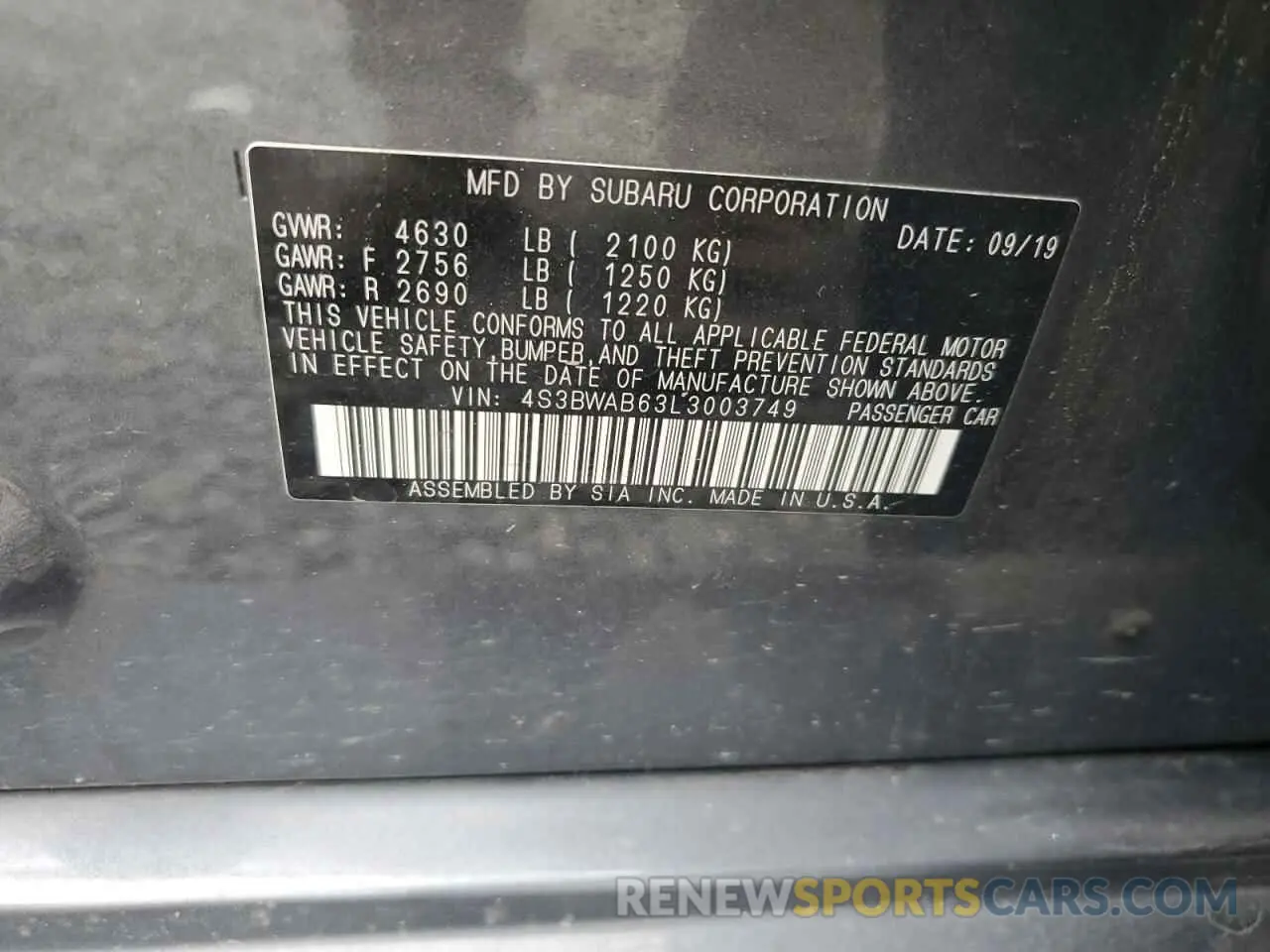 12 fotografías del automóvil dañado 4S3BWAB63L3003749 SUBARU LEGACY 2020