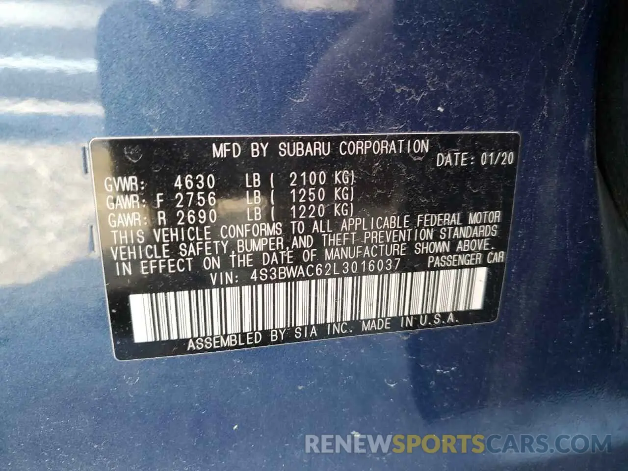 12 fotografías del automóvil dañado 4S3BWAC62L3016037 SUBARU LEGACY 2020