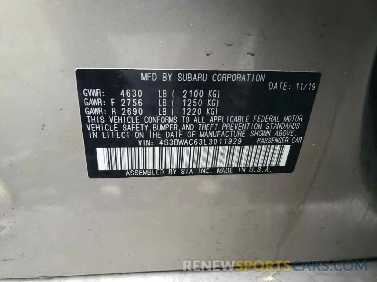 12 fotografías del automóvil dañado 4S3BWAC63L3011929 SUBARU LEGACY 2020