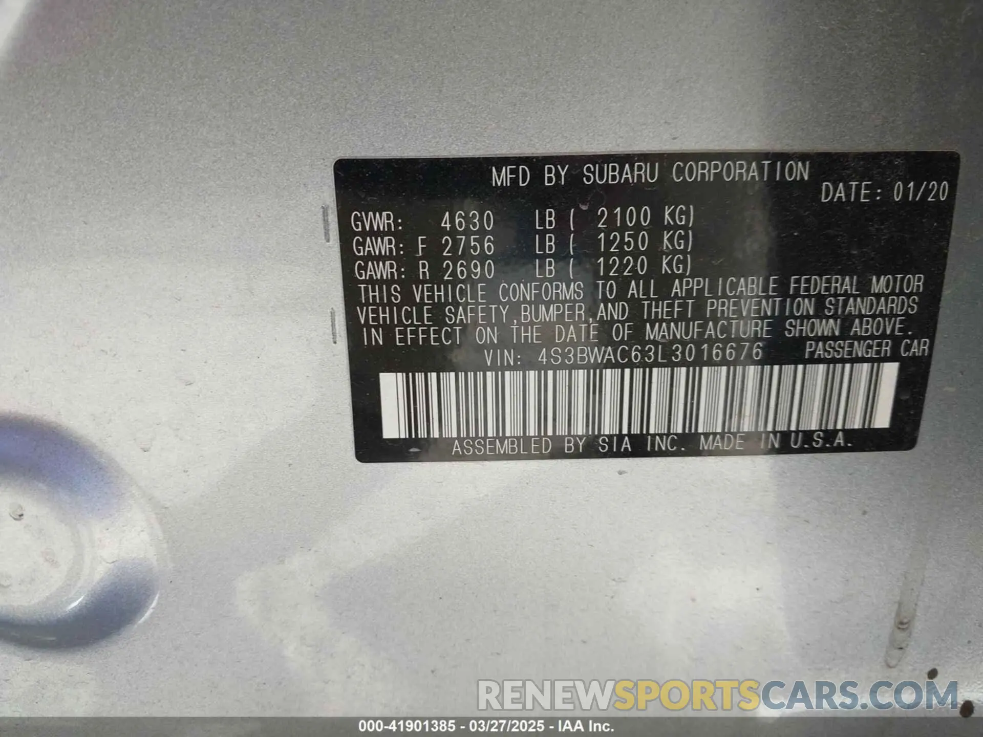 9 fotografías del automóvil dañado 4S3BWAC63L3016676 SUBARU LEGACY 2020