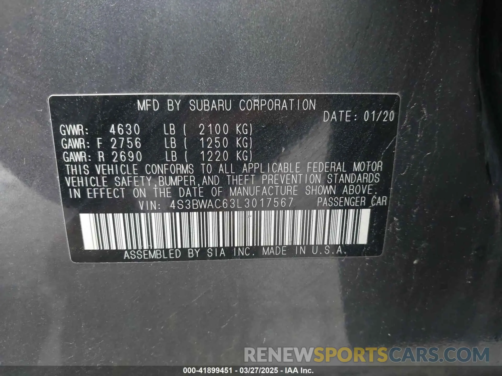 9 fotografías del automóvil dañado 4S3BWAC63L3017567 SUBARU LEGACY 2020