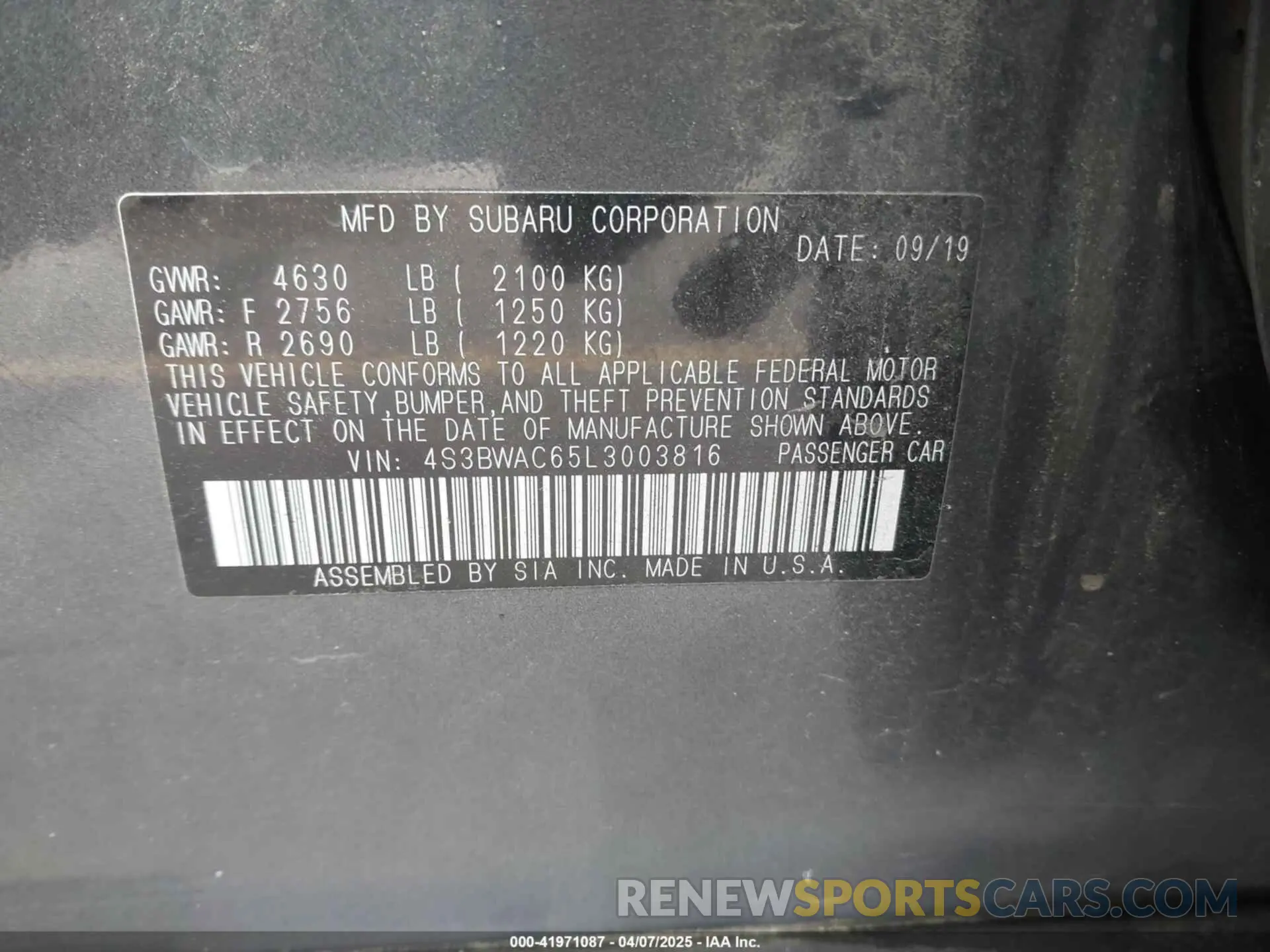 9 fotografías del automóvil dañado 4S3BWAC65L3003816 SUBARU LEGACY 2020