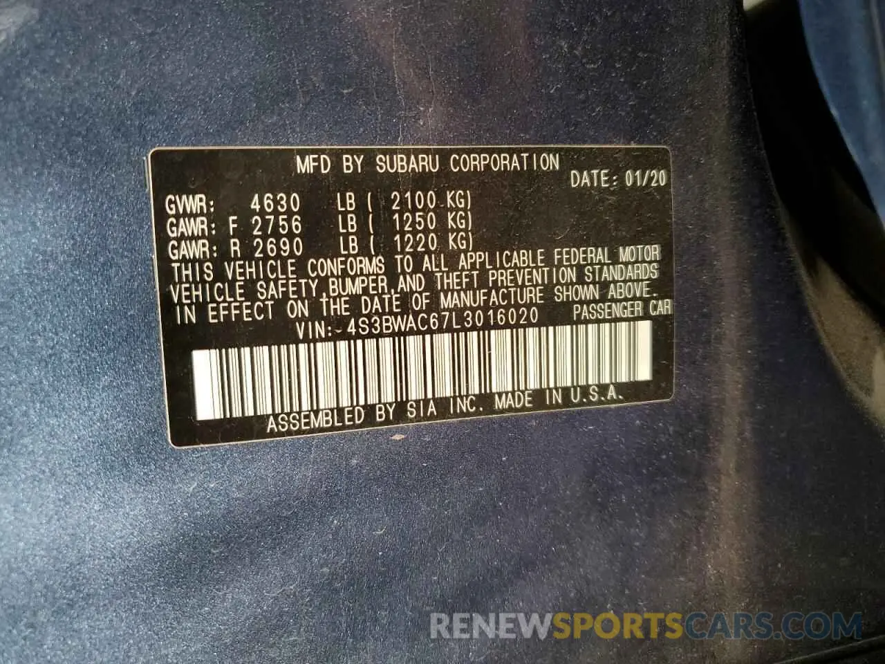 12 fotografías del automóvil dañado 4S3BWAC67L3016020 SUBARU LEGACY 2020