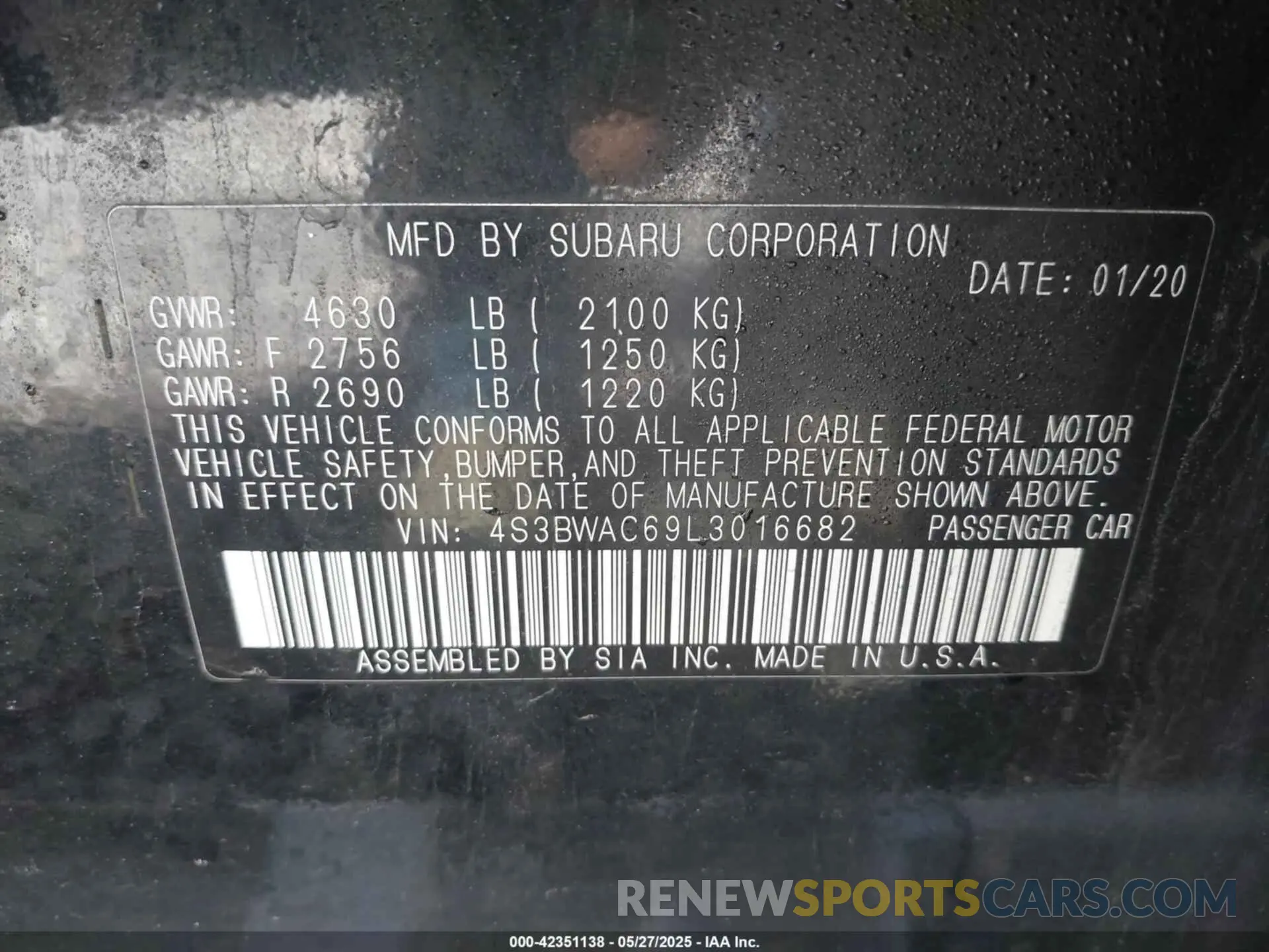 9 fotografías del automóvil dañado 4S3BWAC69L3016682 SUBARU LEGACY 2020