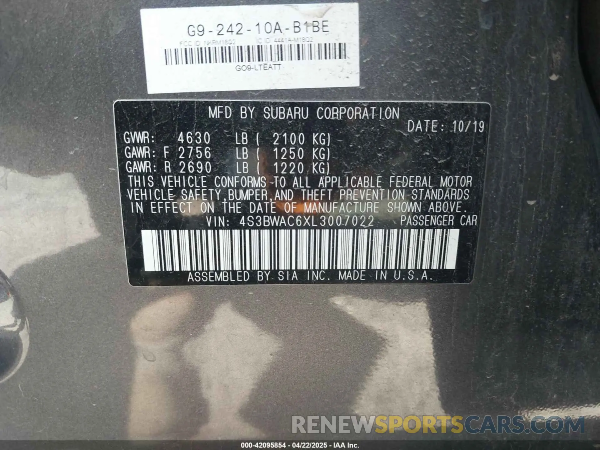 9 fotografías del automóvil dañado 4S3BWAC6XL3007022 SUBARU LEGACY 2020