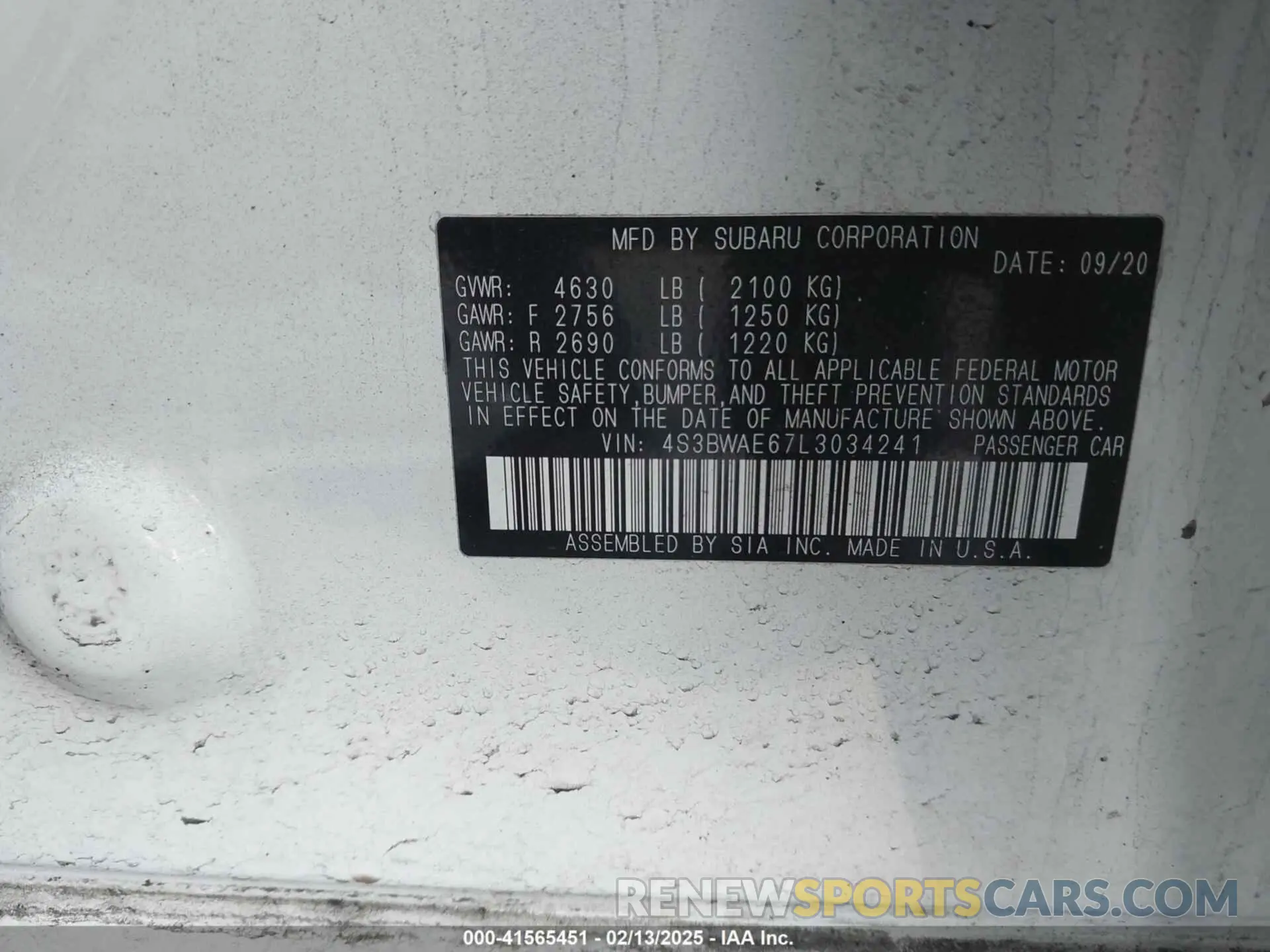 9 fotografías del automóvil dañado 4S3BWAE67L3034241 SUBARU LEGACY 2020